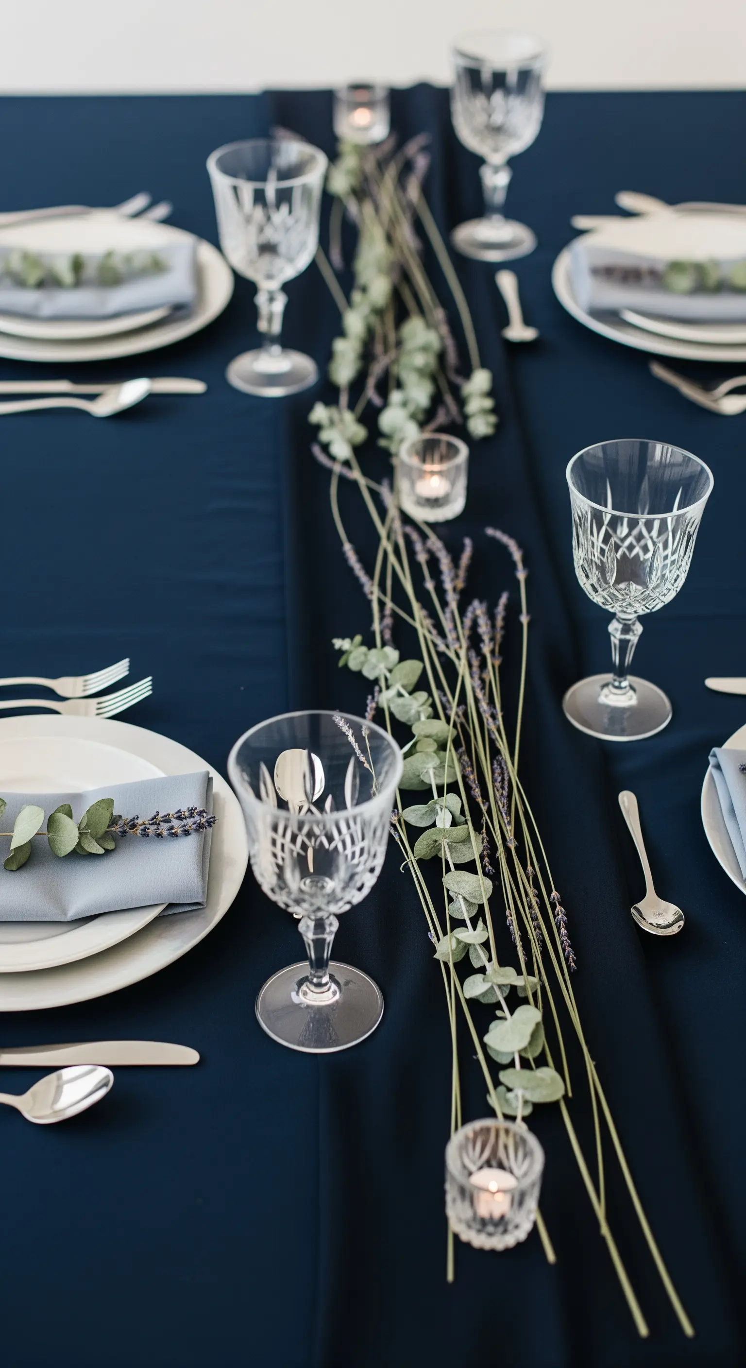 Tavola blu navy con runner di eucalipto e lavanda, bicchieri in cristallo.
