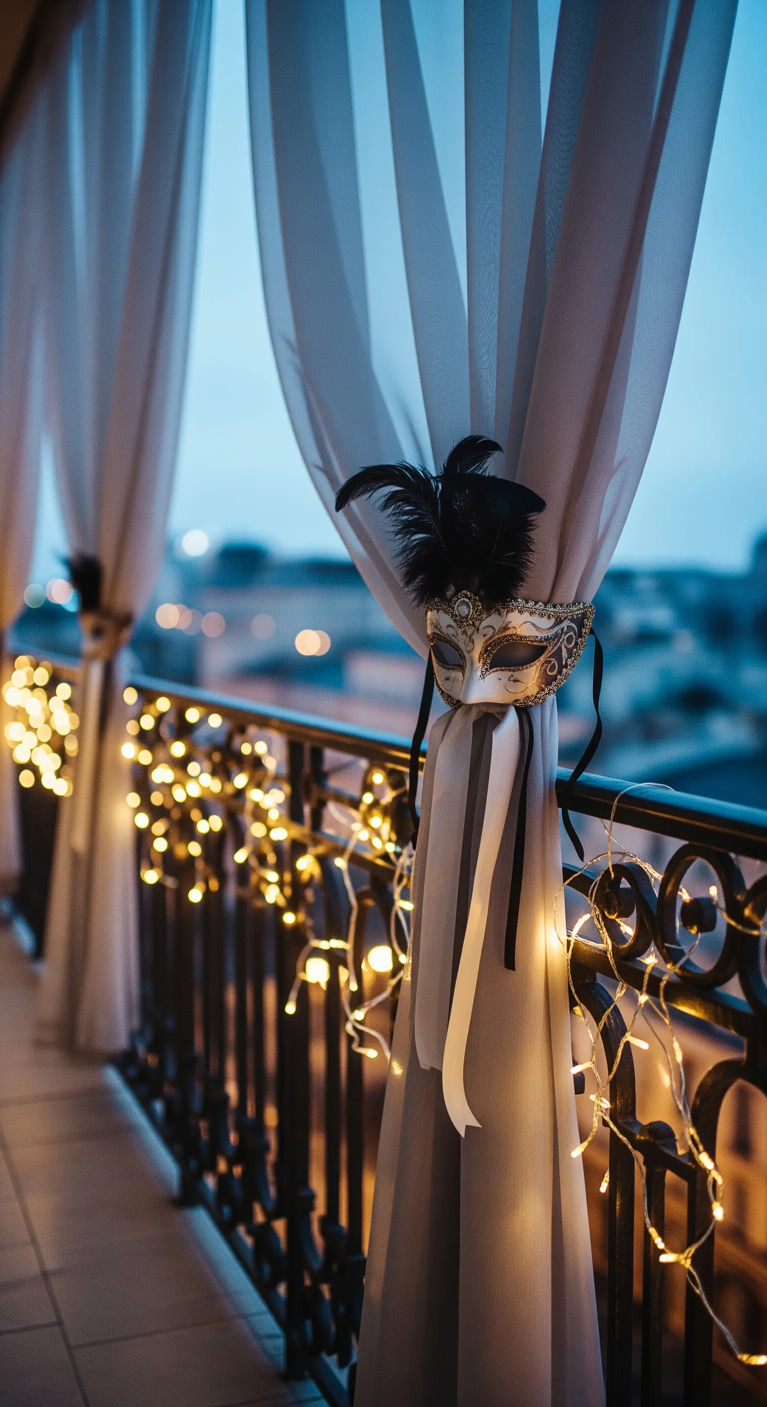 Maschera veneziana legata a una tenda su un balcone illuminato da lucine.