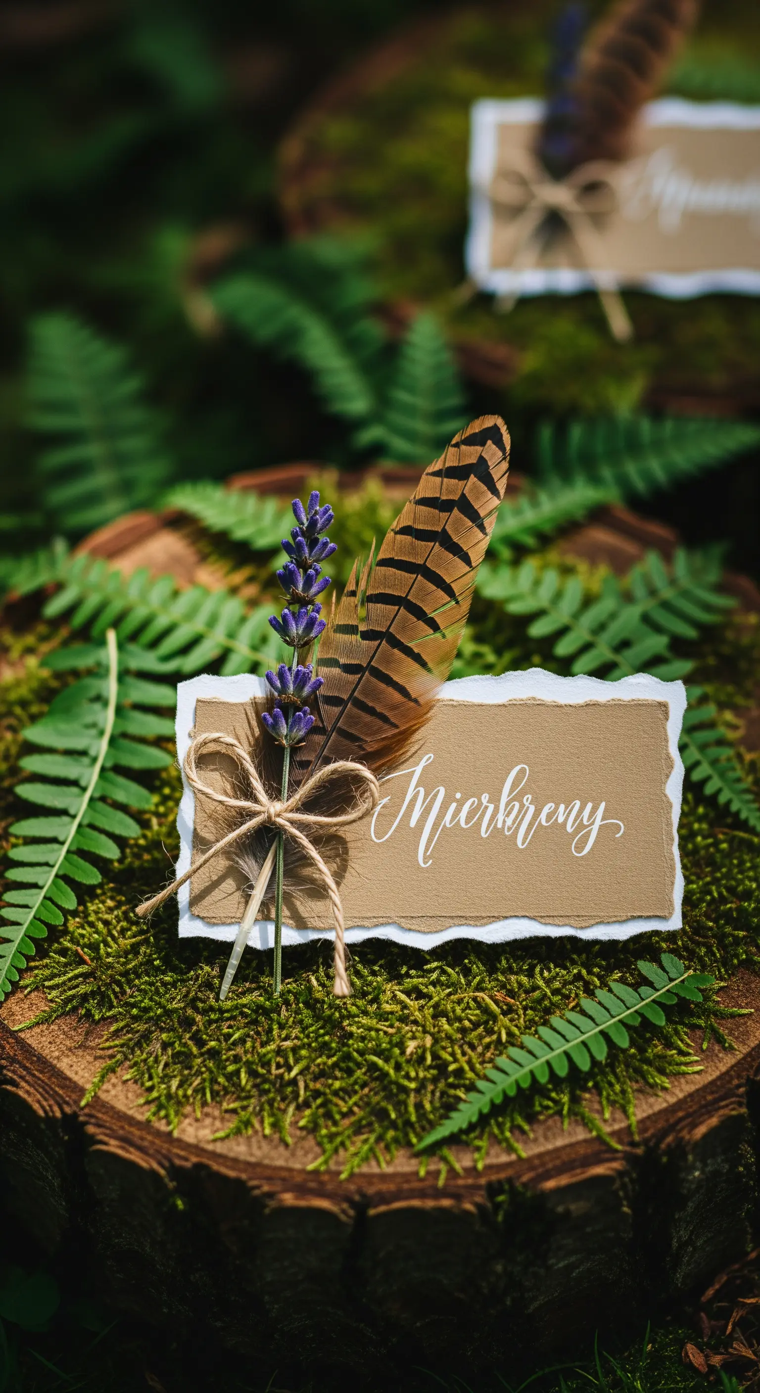 Segnaposto rustico con piuma di fagiano e lavanda su una base di legno e muschio.
