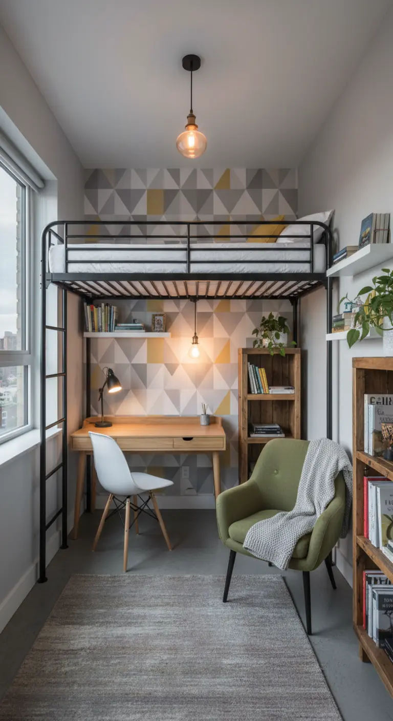 Stanza piccola con letto a soppalco in metallo e zona studio sottostante con carta da parati.