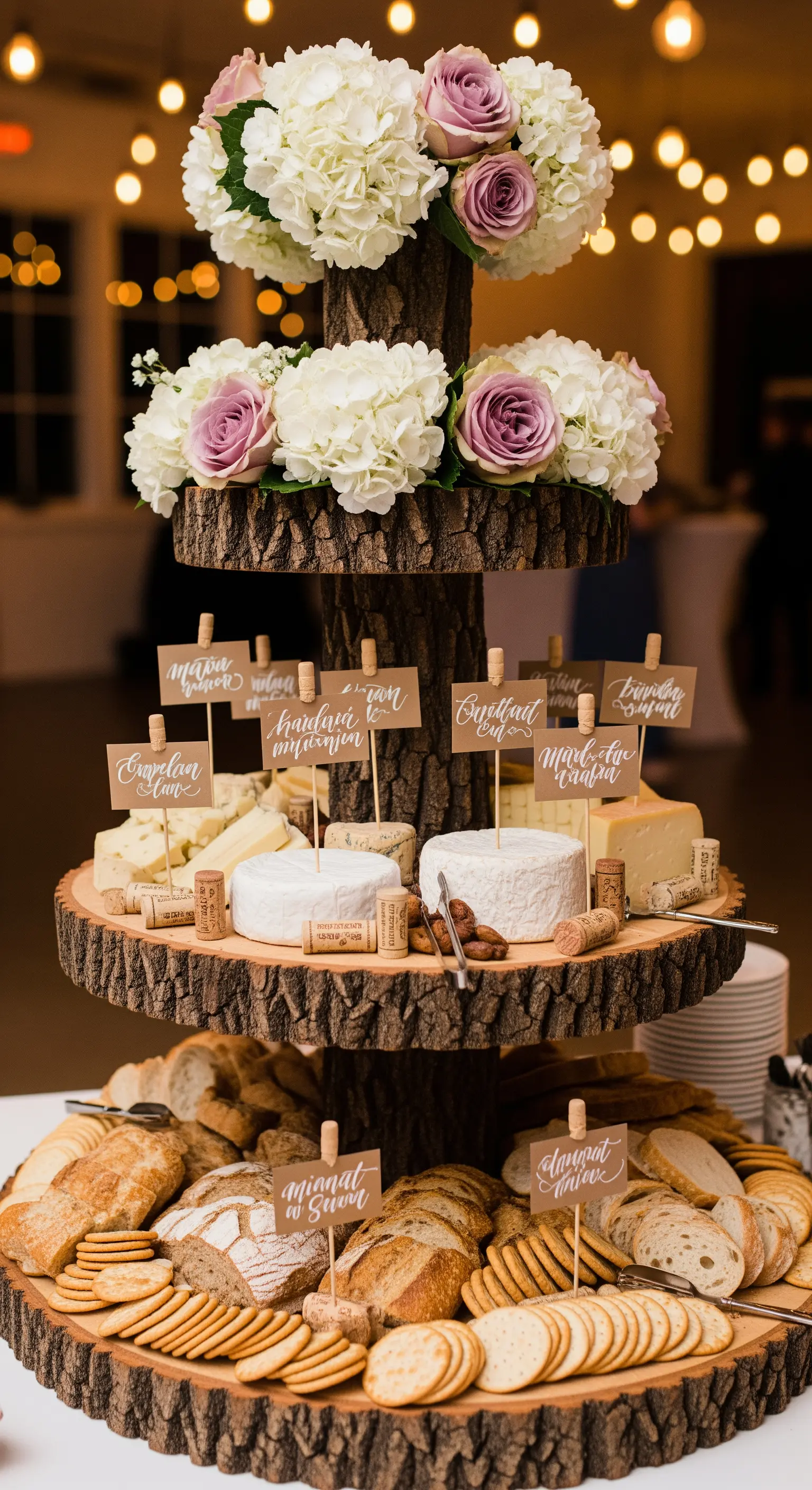 Alzata a tre piani in legno grezzo con formaggi, pane e composizioni floreali.