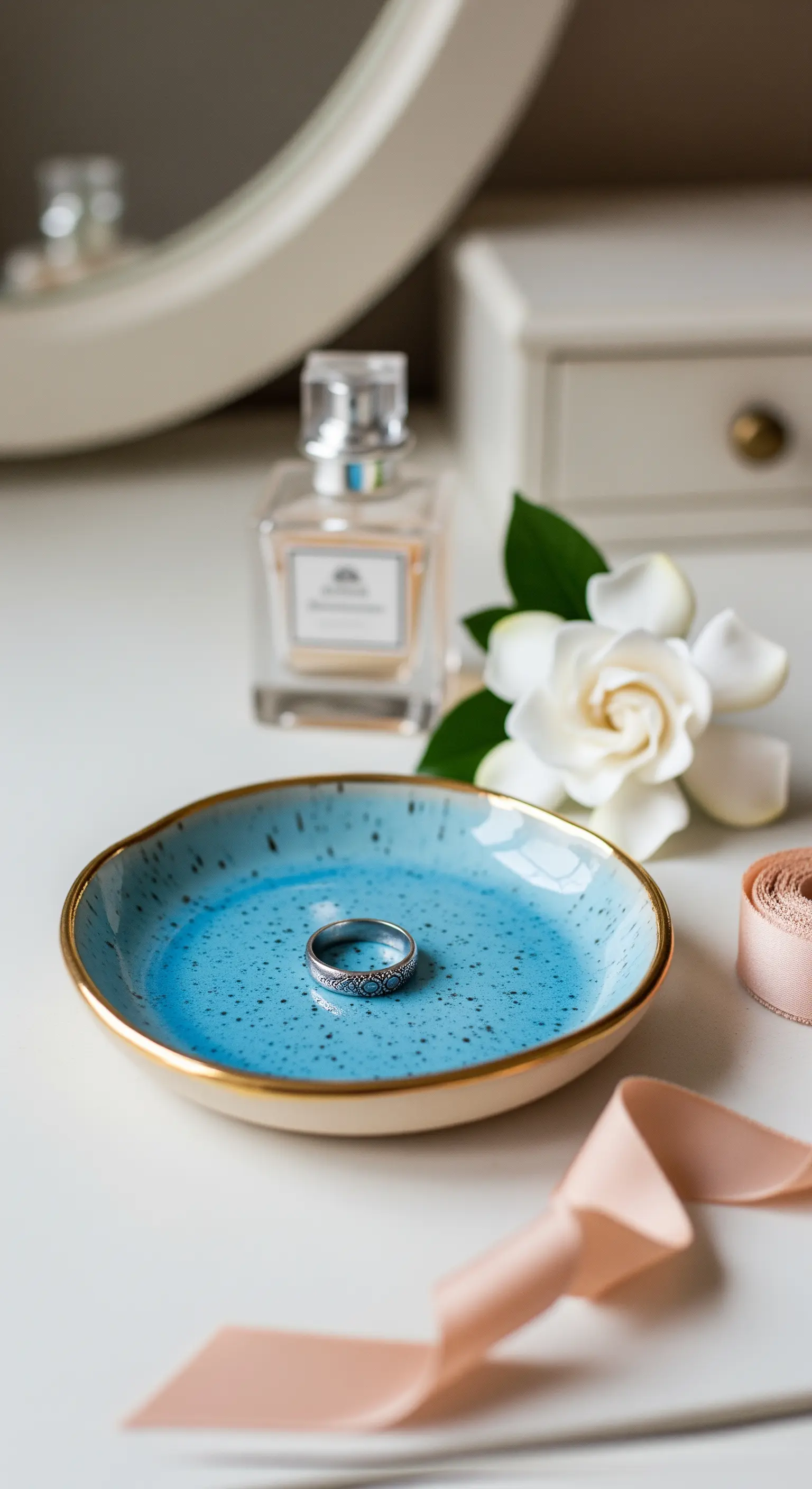 Un piccolo piatto svuotatasche in ceramica turchese con bordo dorato, contenente un anello.