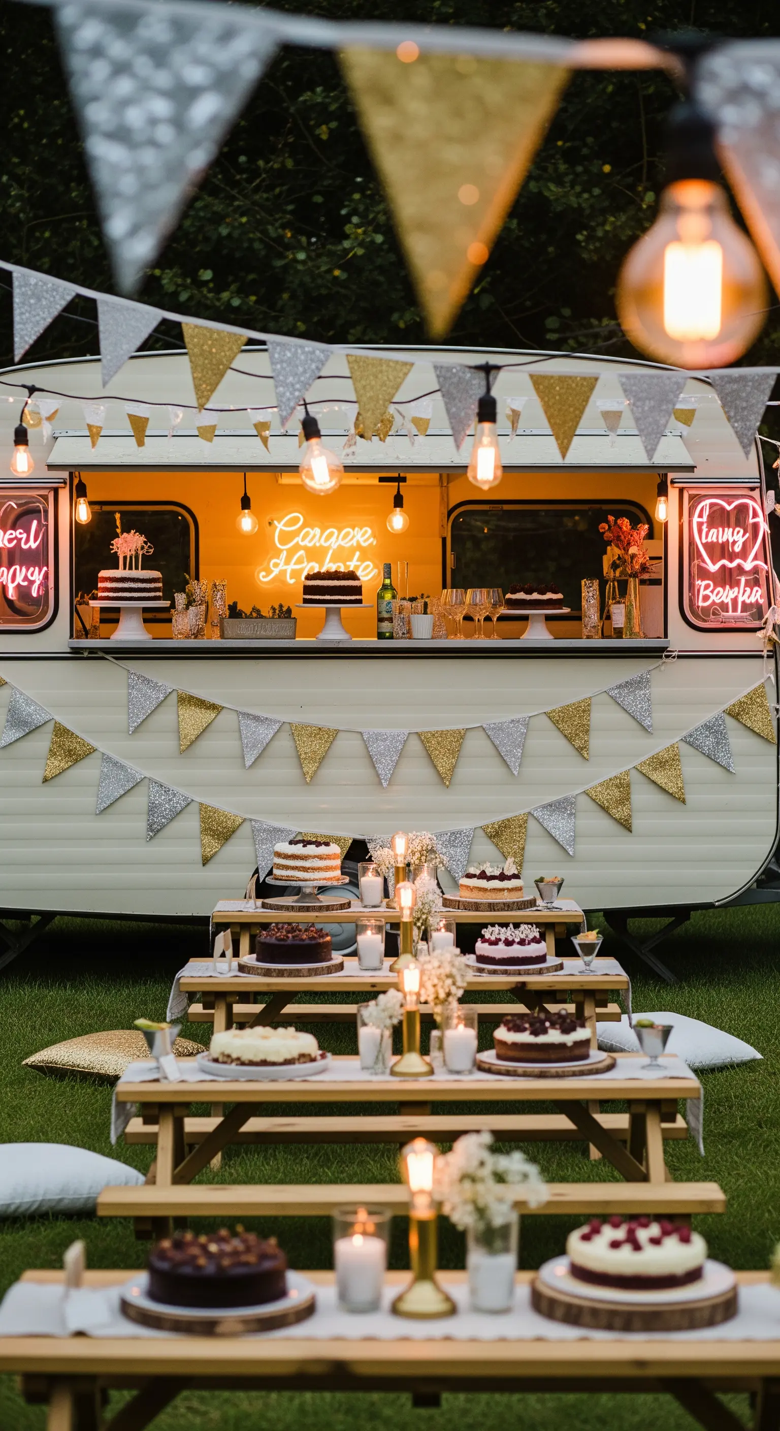Roulotte vintage trasformata in bar di dolci con insegne al neon e bandierine glitterate.