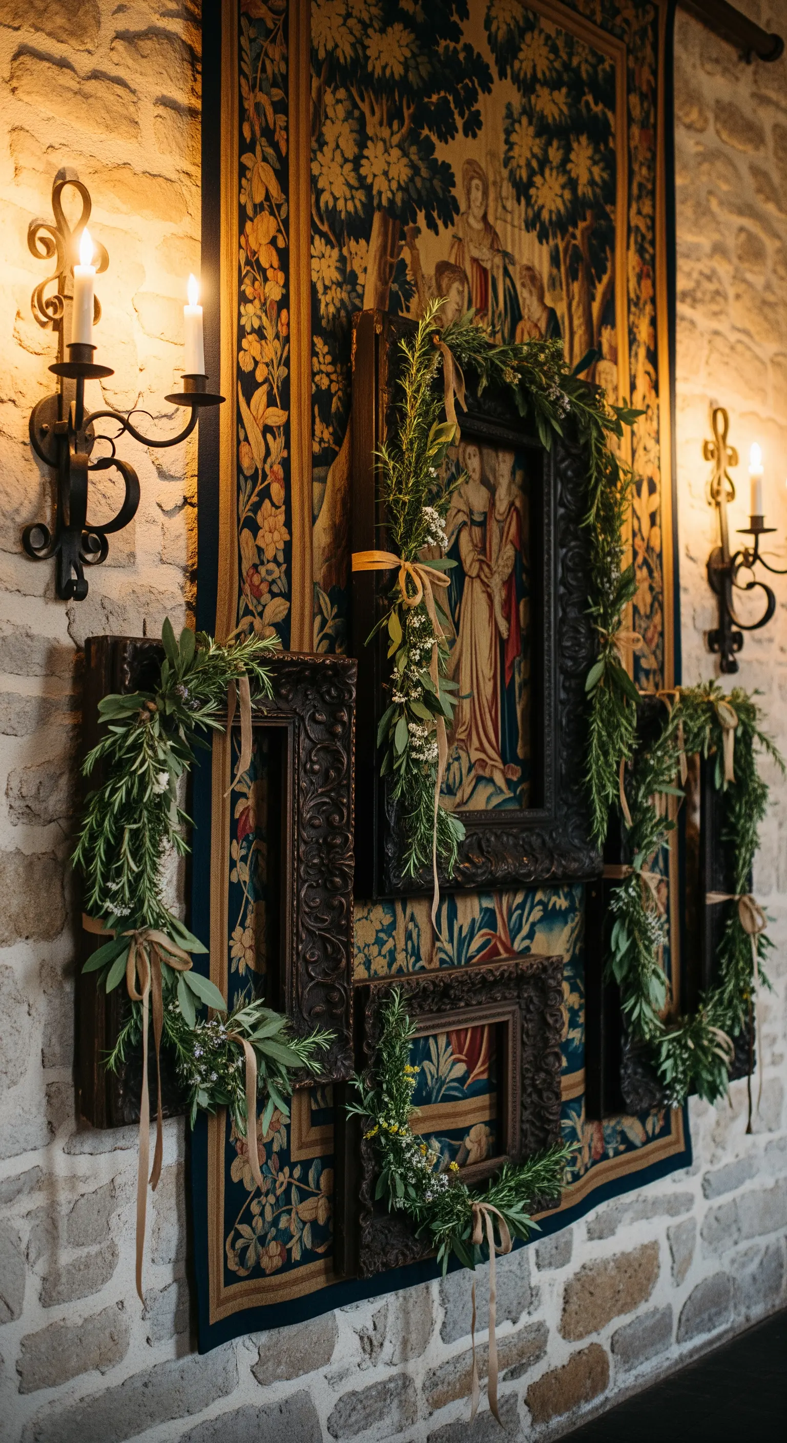 Tableau mariage con cornici in legno scuro e ghirlande verdi appese a un arazzo antico.