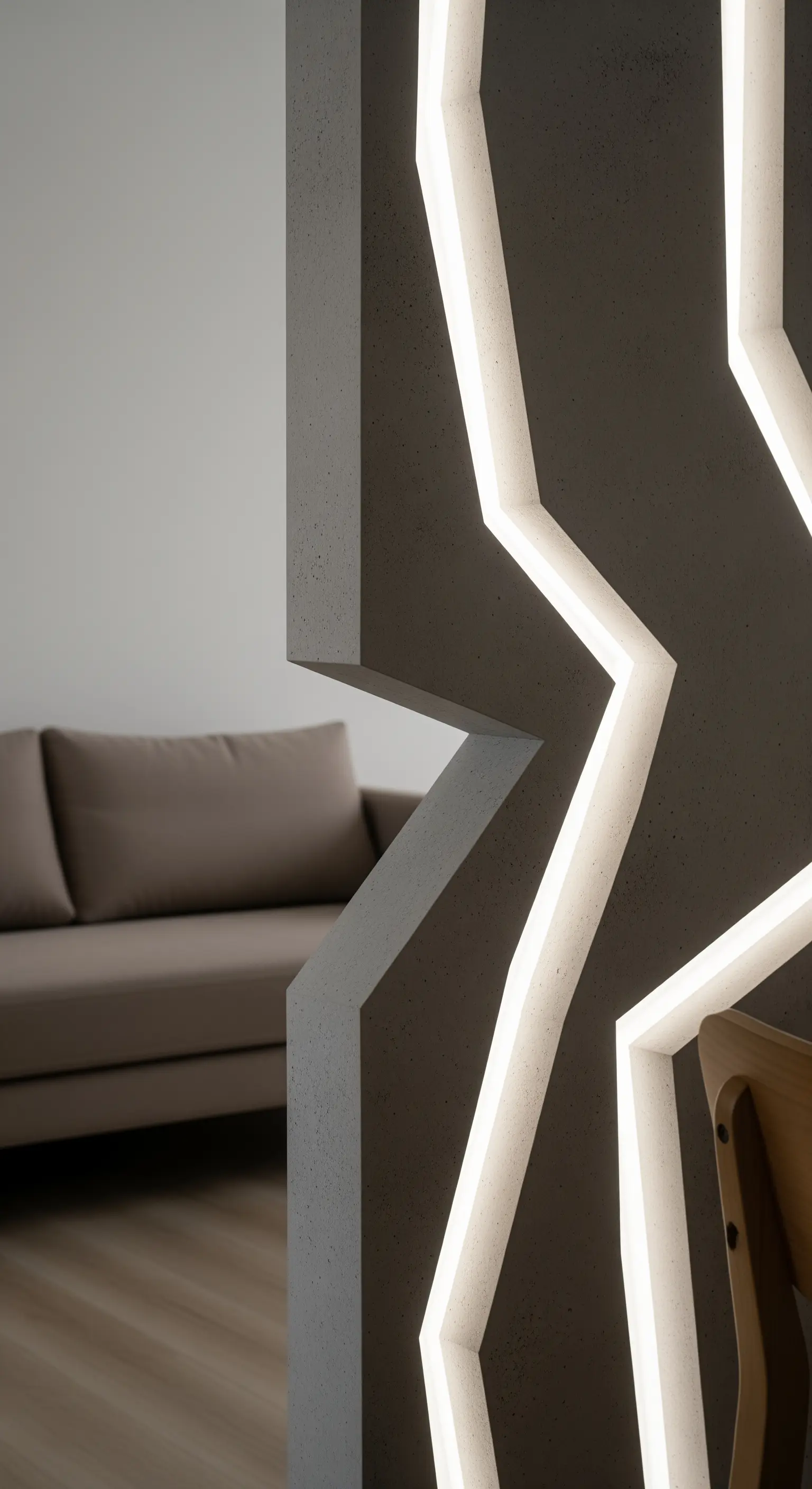 Dettaglio di un muro divisorio in cemento con tagli di luce LED a zig-zag.