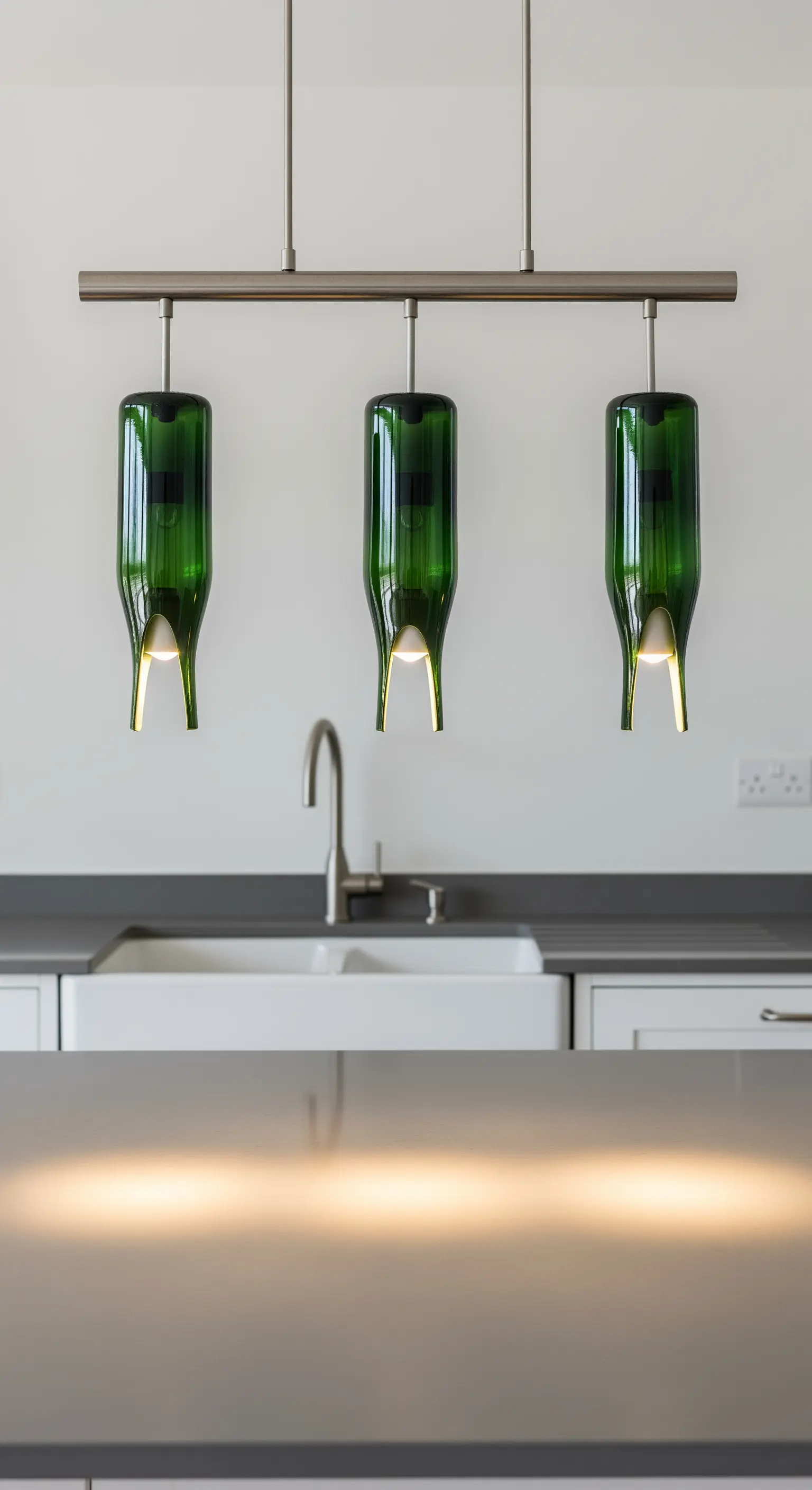 Tre lampade a sospensione realizzate con bottiglie di vino verdi tagliate in diagonale.