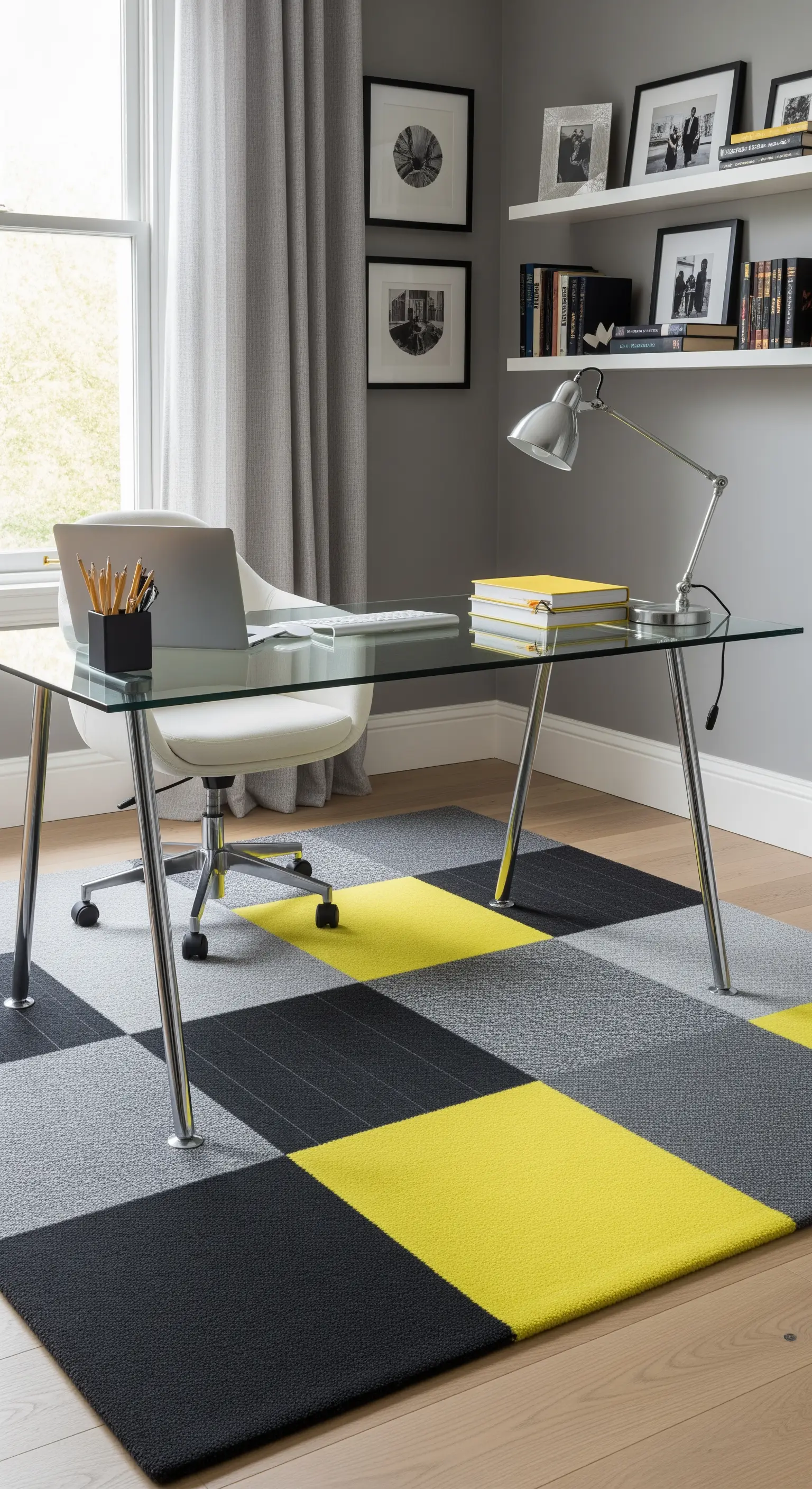 Tappeto a quadrotte di moquette grigie, nere e gialle sotto una scrivania in vetro in un ufficio moderno