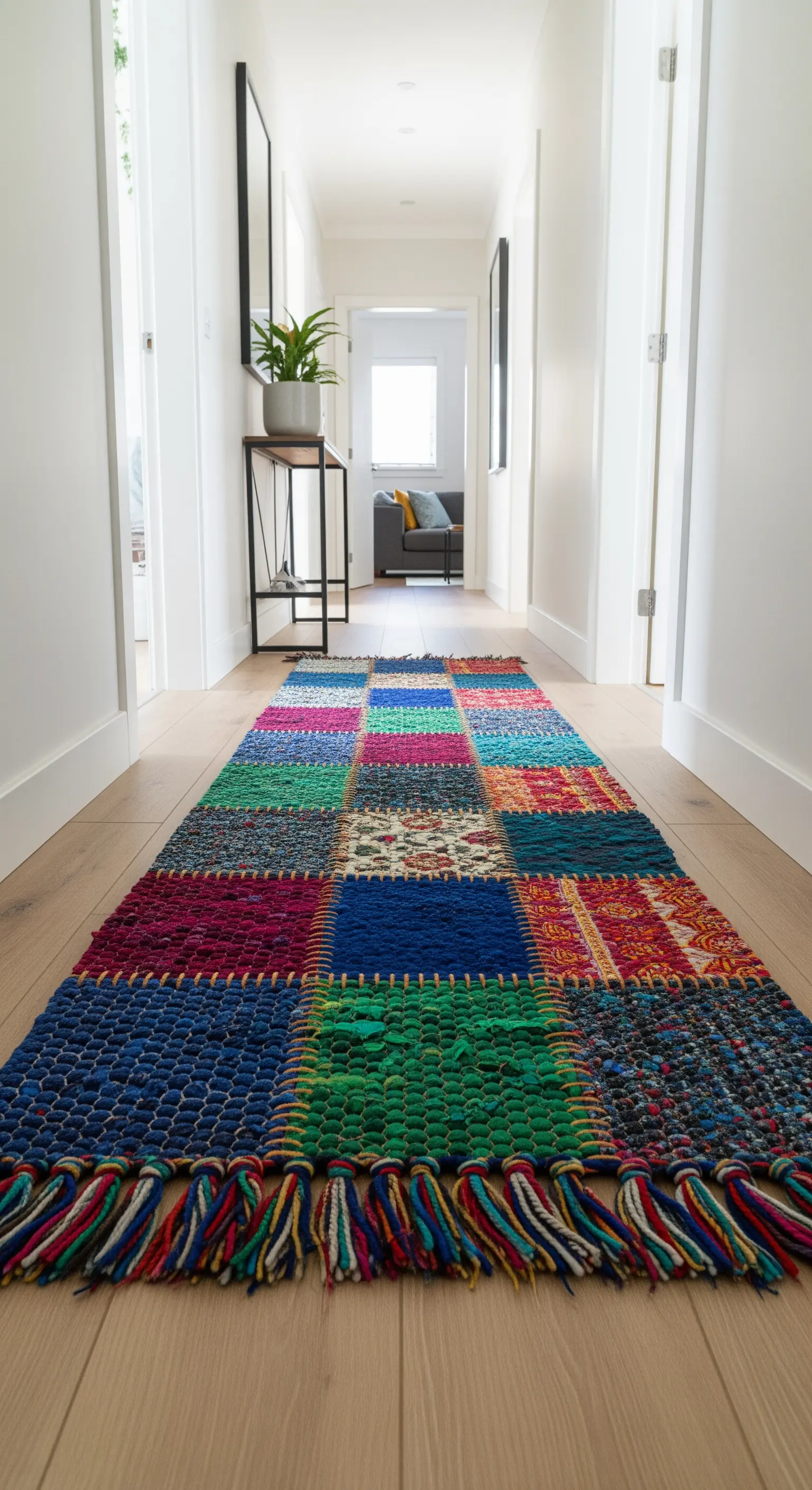 Lungo e colorato tappeto patchwork tessuto a mano in un corridoio con pavimento in legno chiaro