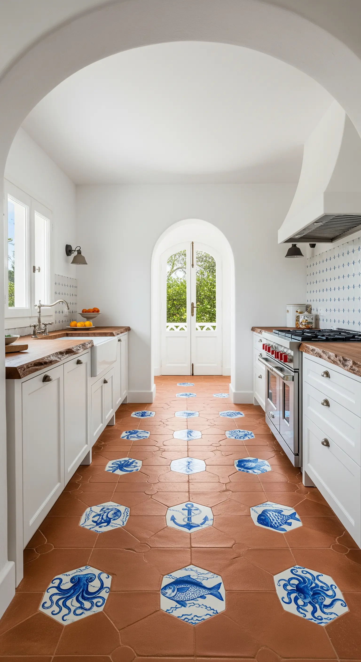 Pavimento in cotto con inserti di piastrelle decorate a tema marino.
