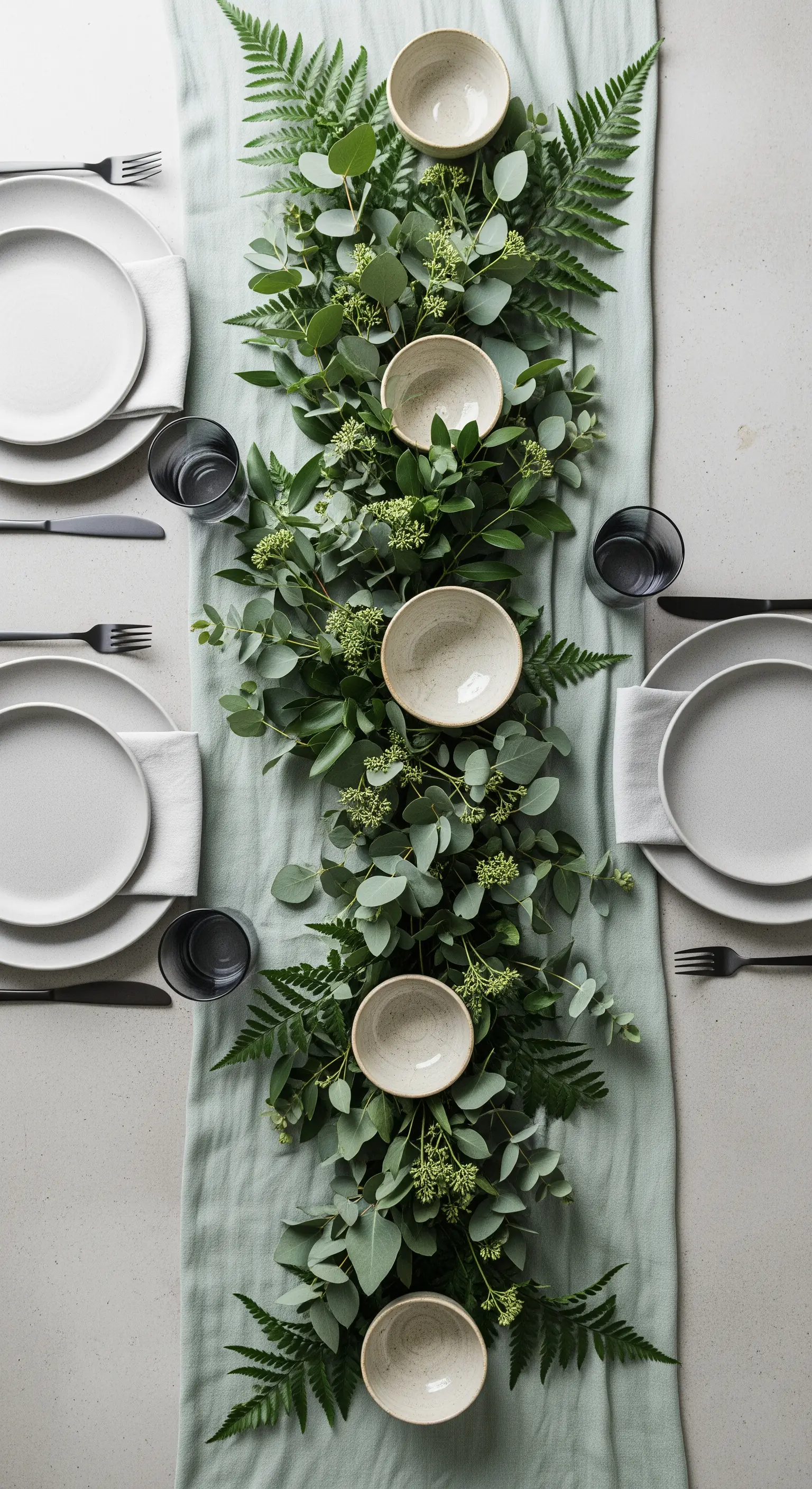 Vista dall'alto di un tavolo con un runner interamente coperto di foglie di eucalipto e felce.