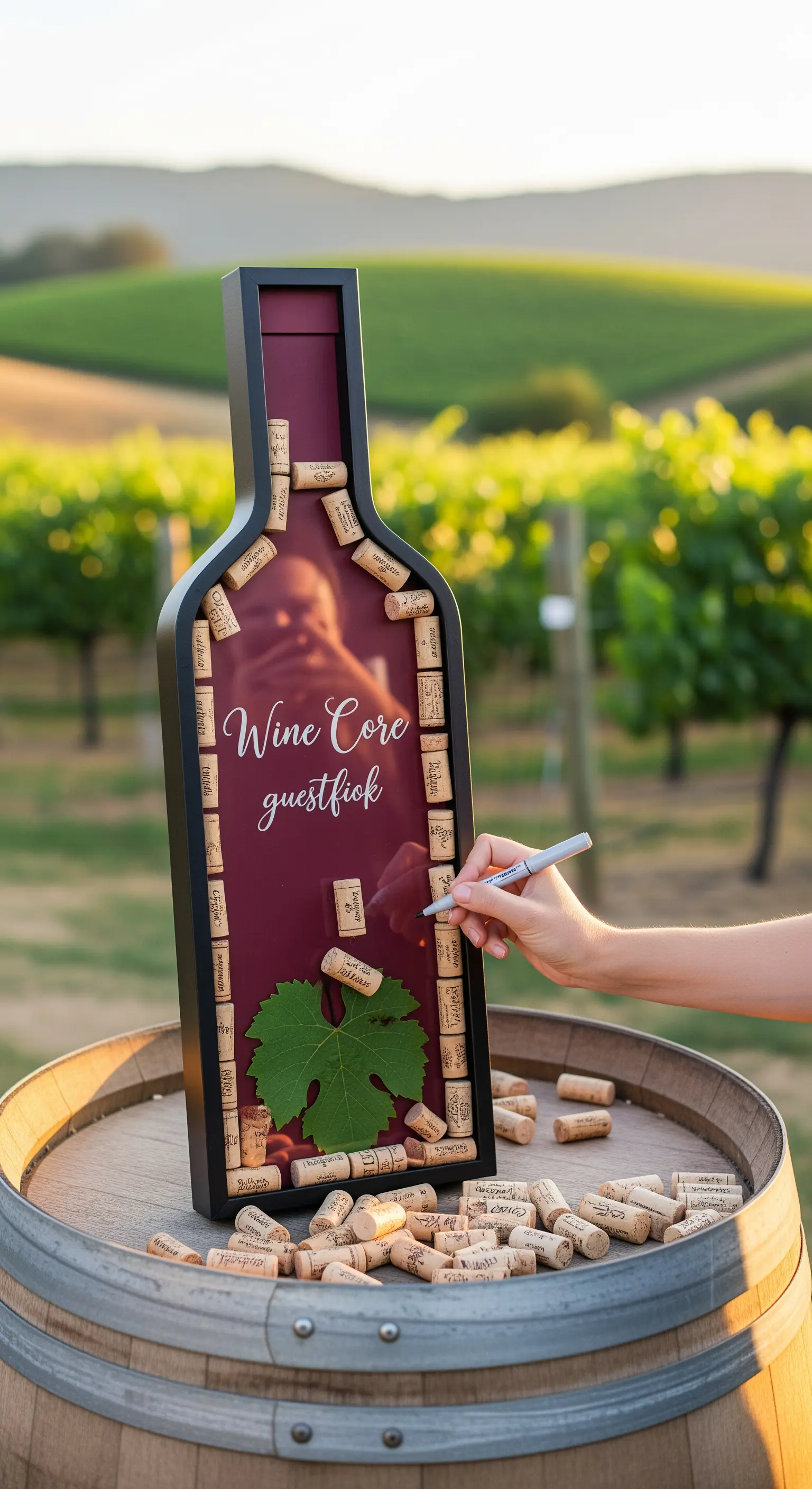 Guestbook a forma di bottiglia di vino riempito con tappi di sughero firmati