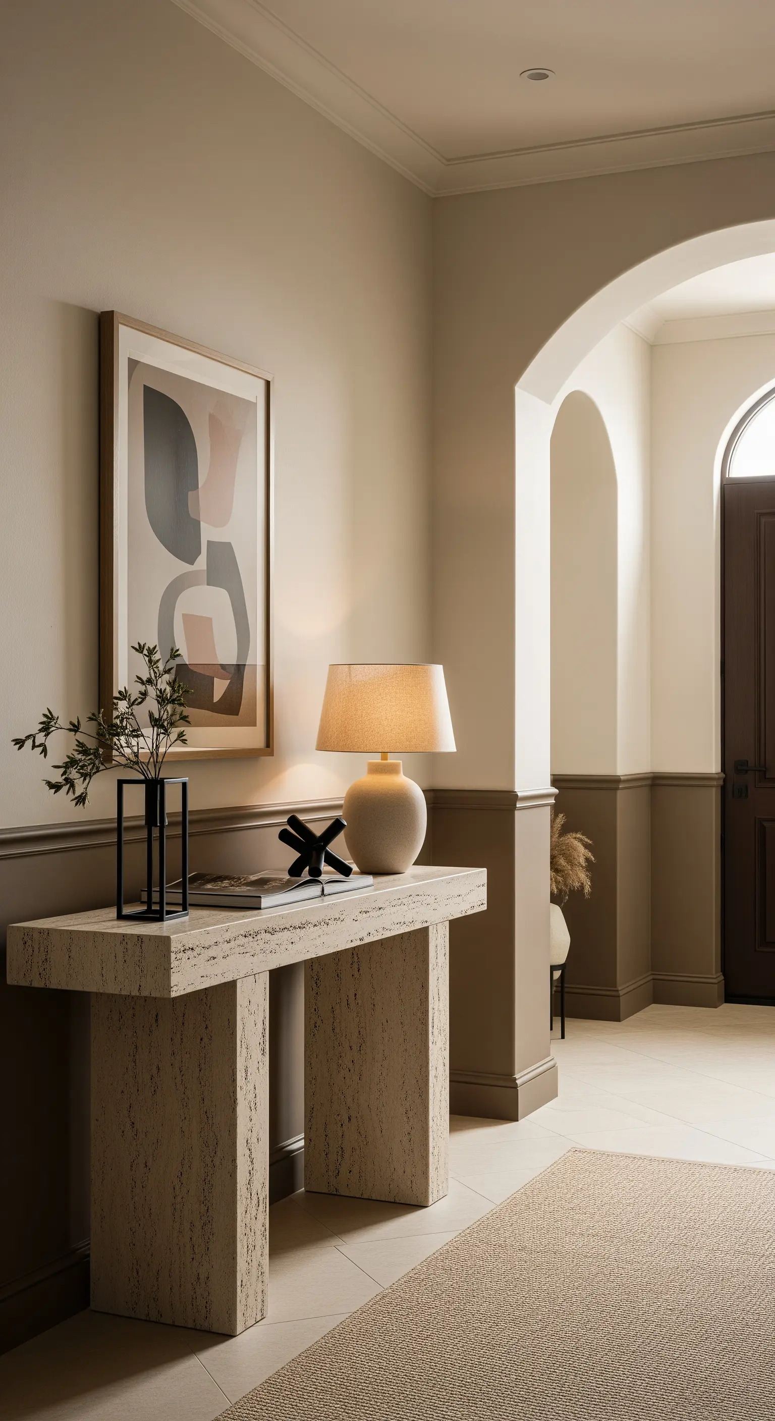 Ingresso elegante con boiserie taupe e una consolle scultorea in travertino.