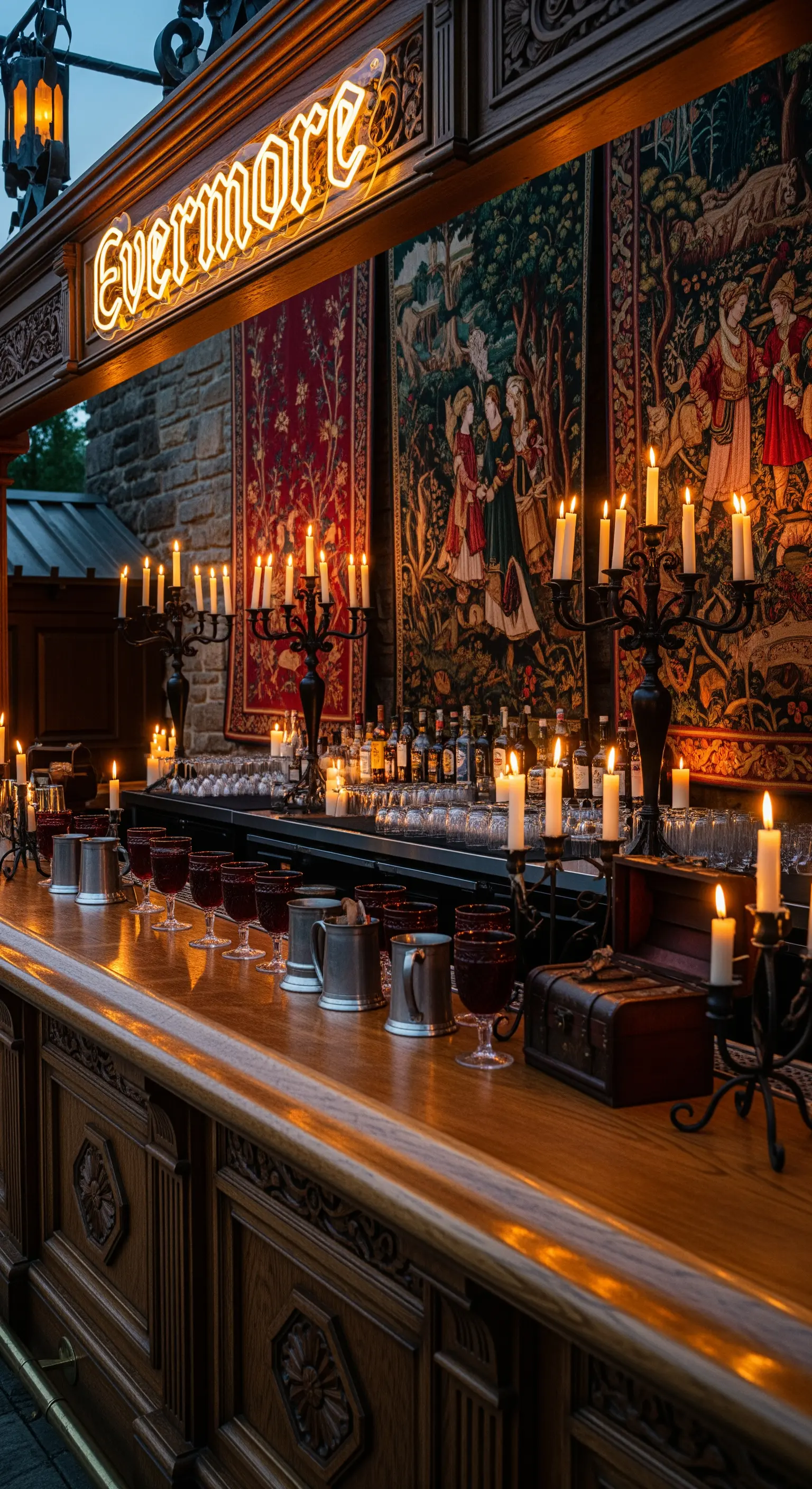 Bar in stile medievale con insegna al neon, arazzi e candelabri.