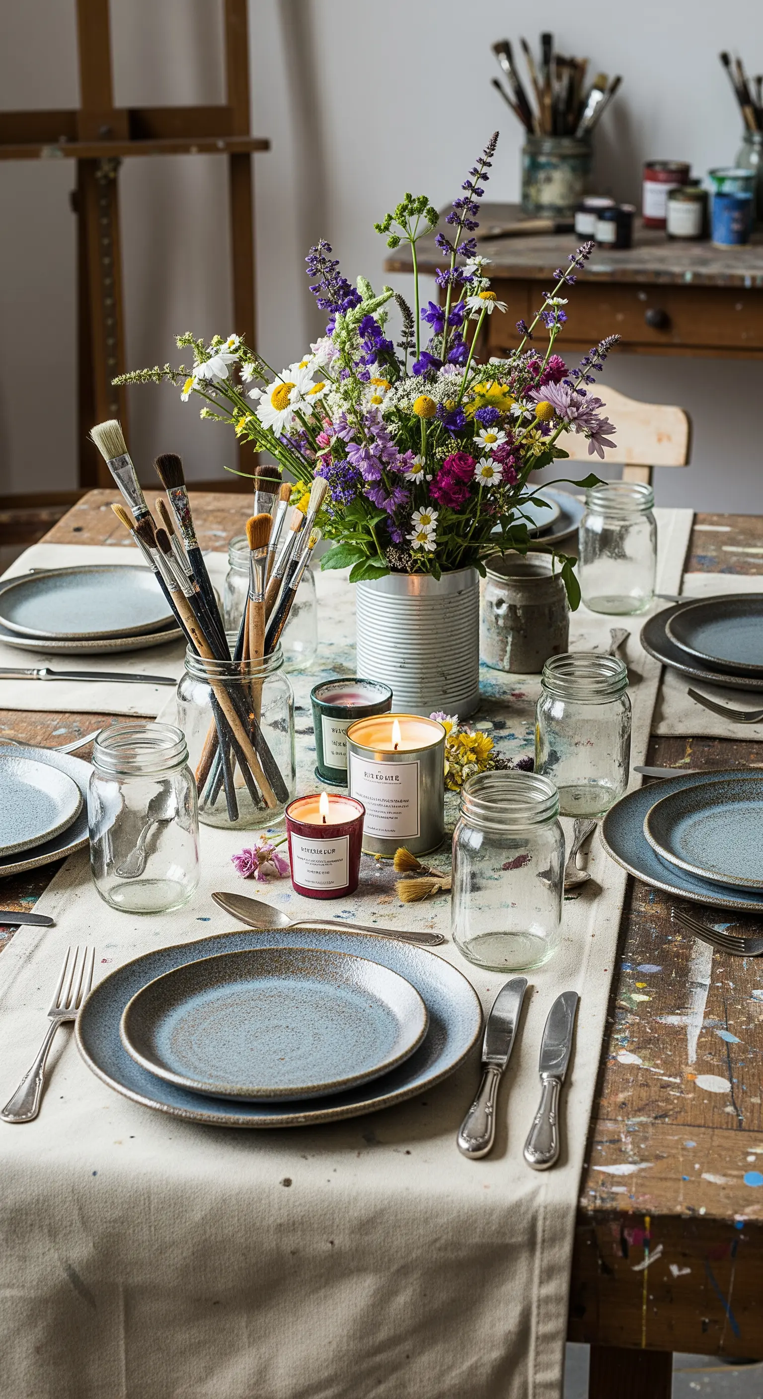 Tavola in uno studio d'artista con fiori in un barattolo e pennelli come decorazione