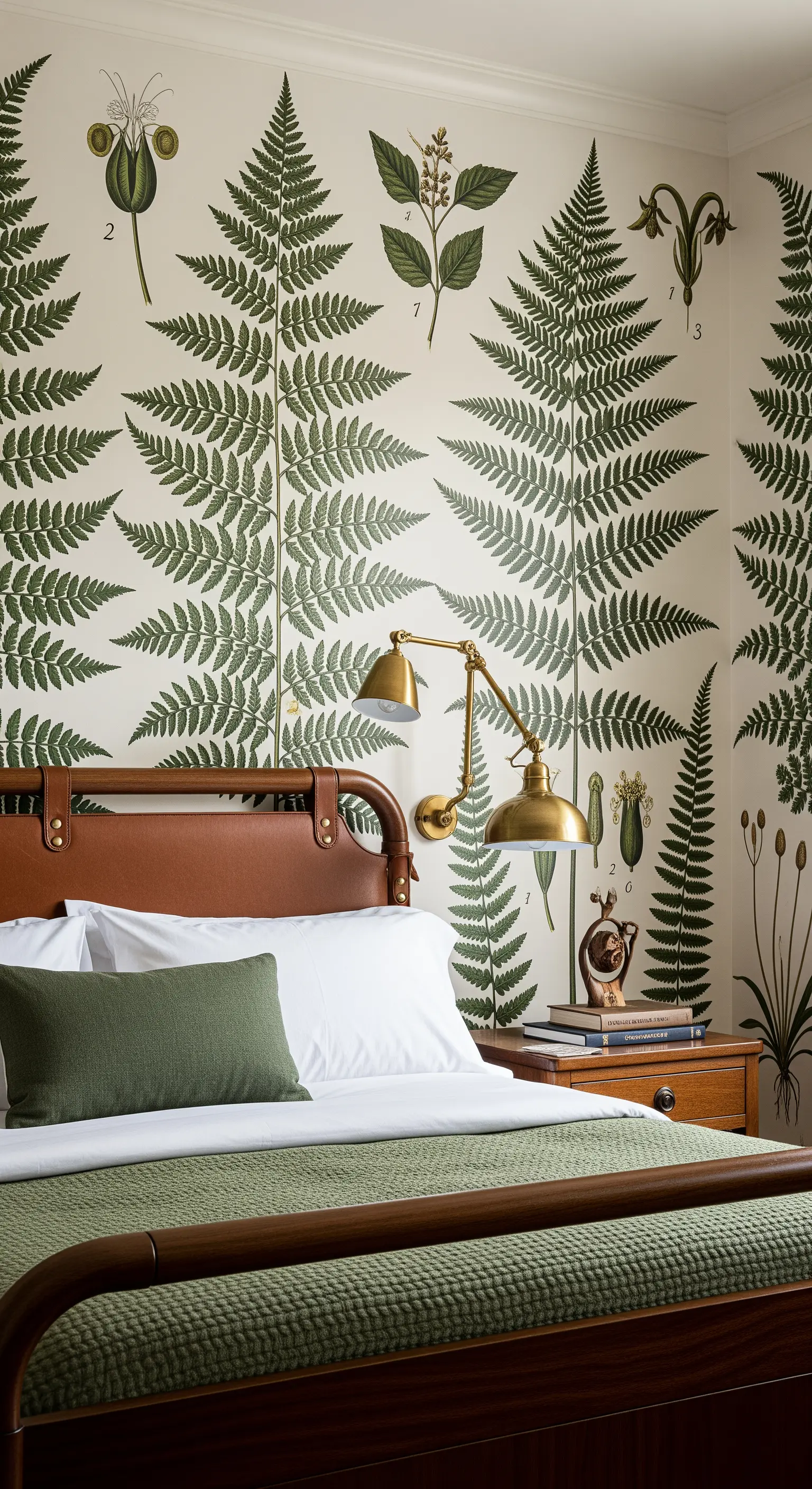 Camera da letto con murale di illustrazioni botaniche di felci e arredi in legno e pelle.