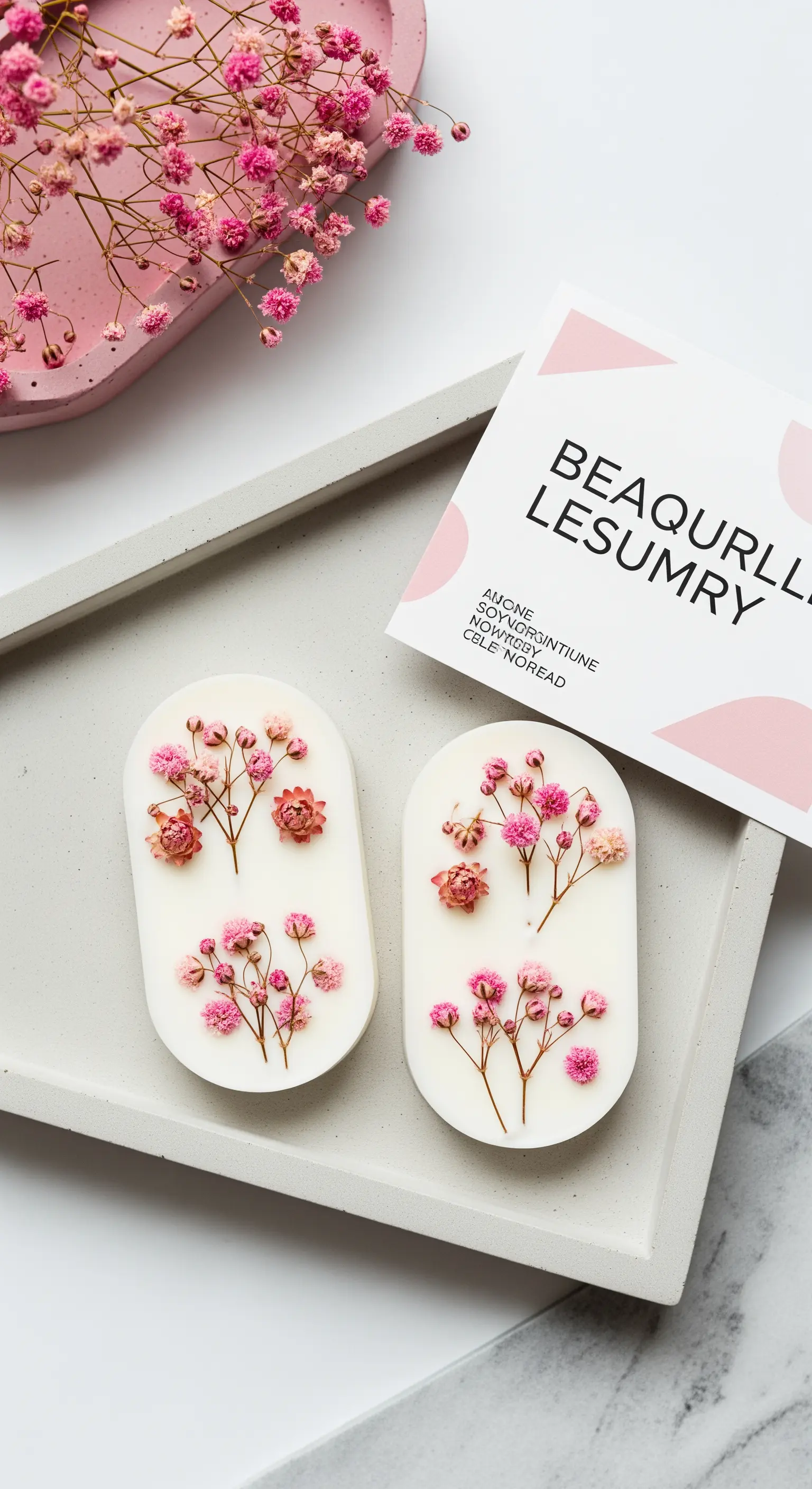 Tavolette ovali di cera bianca decorate con piccoli rametti di fiori rosa essiccati.