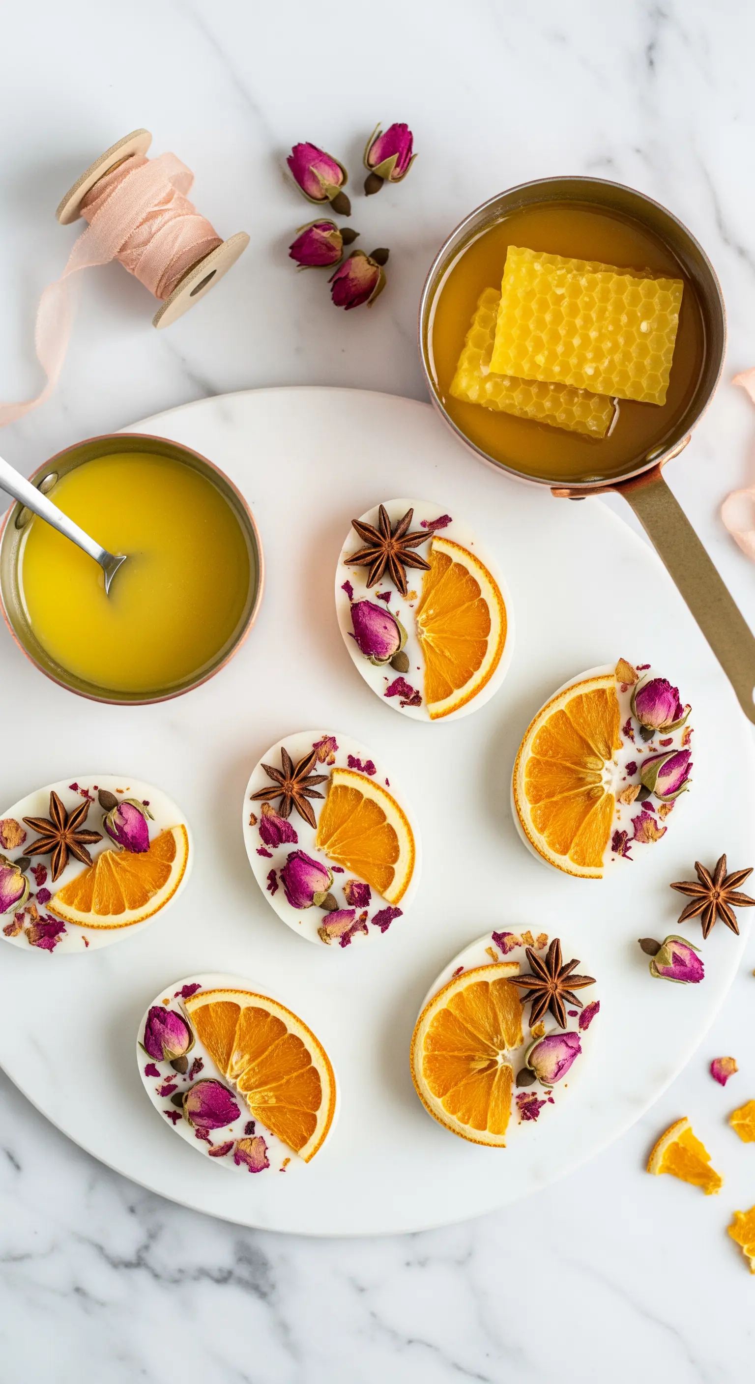 Tavolette di cera bianca decorate con arancia essiccata, boccioli di rosa e anice stellato.