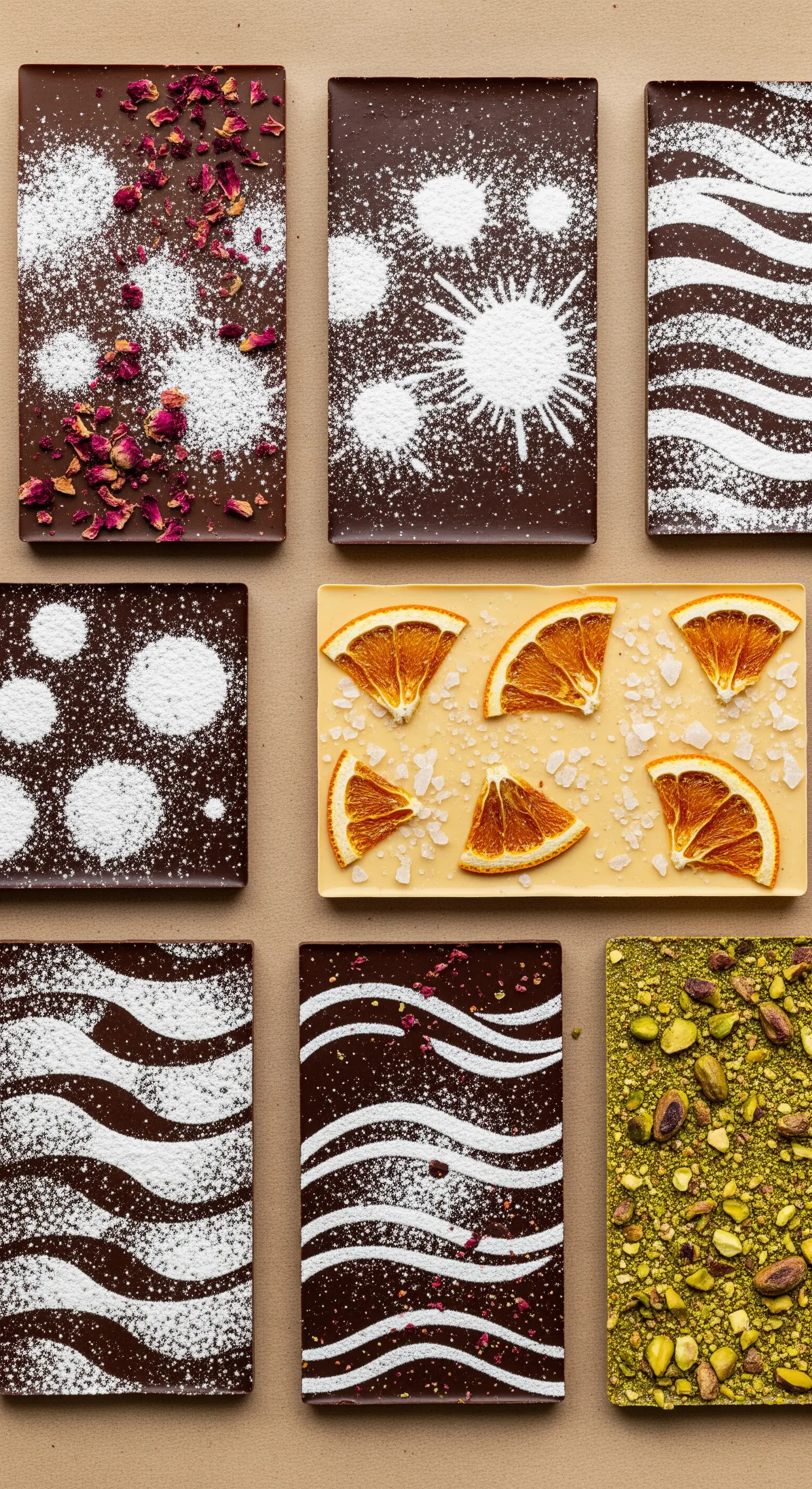 Varie tavolette di cioccolato decorate con stencil, frutta secca, pistacchi e petali di rosa.