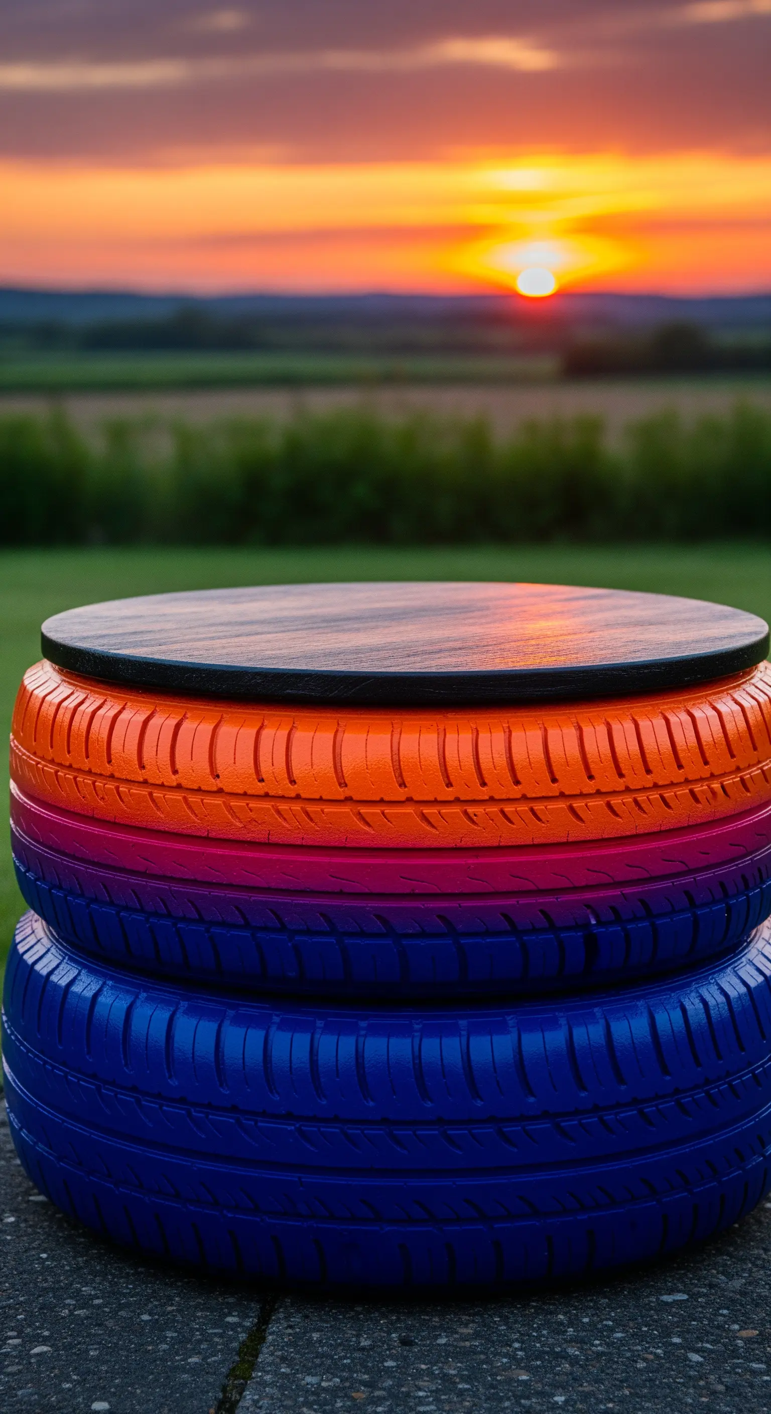 Tavolino da esterno con base in pneumatici dipinti con un effetto sfumato dai colori del tramonto.