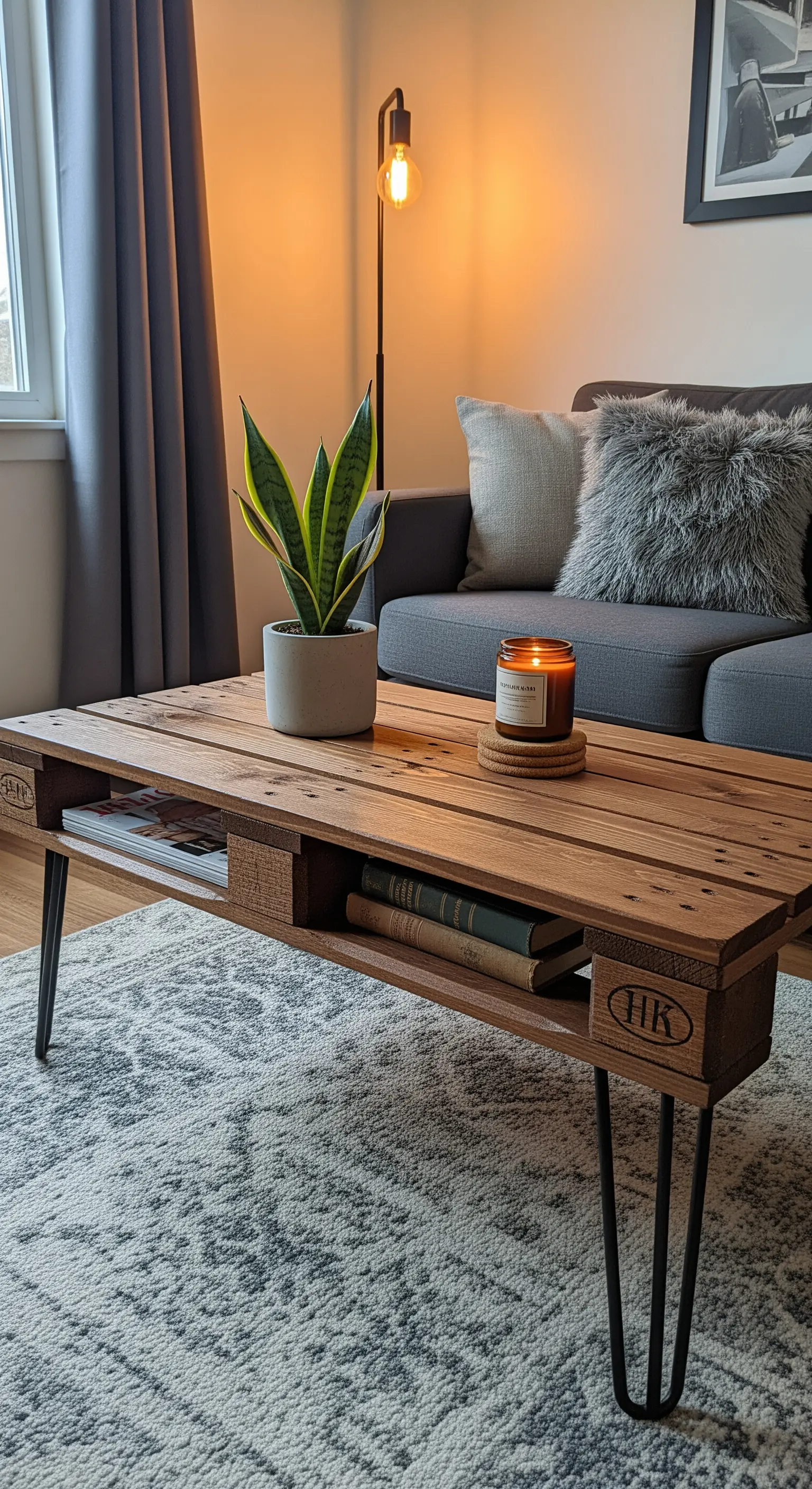 Tavolino da caffè in legno di pallet con gambe a forcina nere e vano porta-riviste.