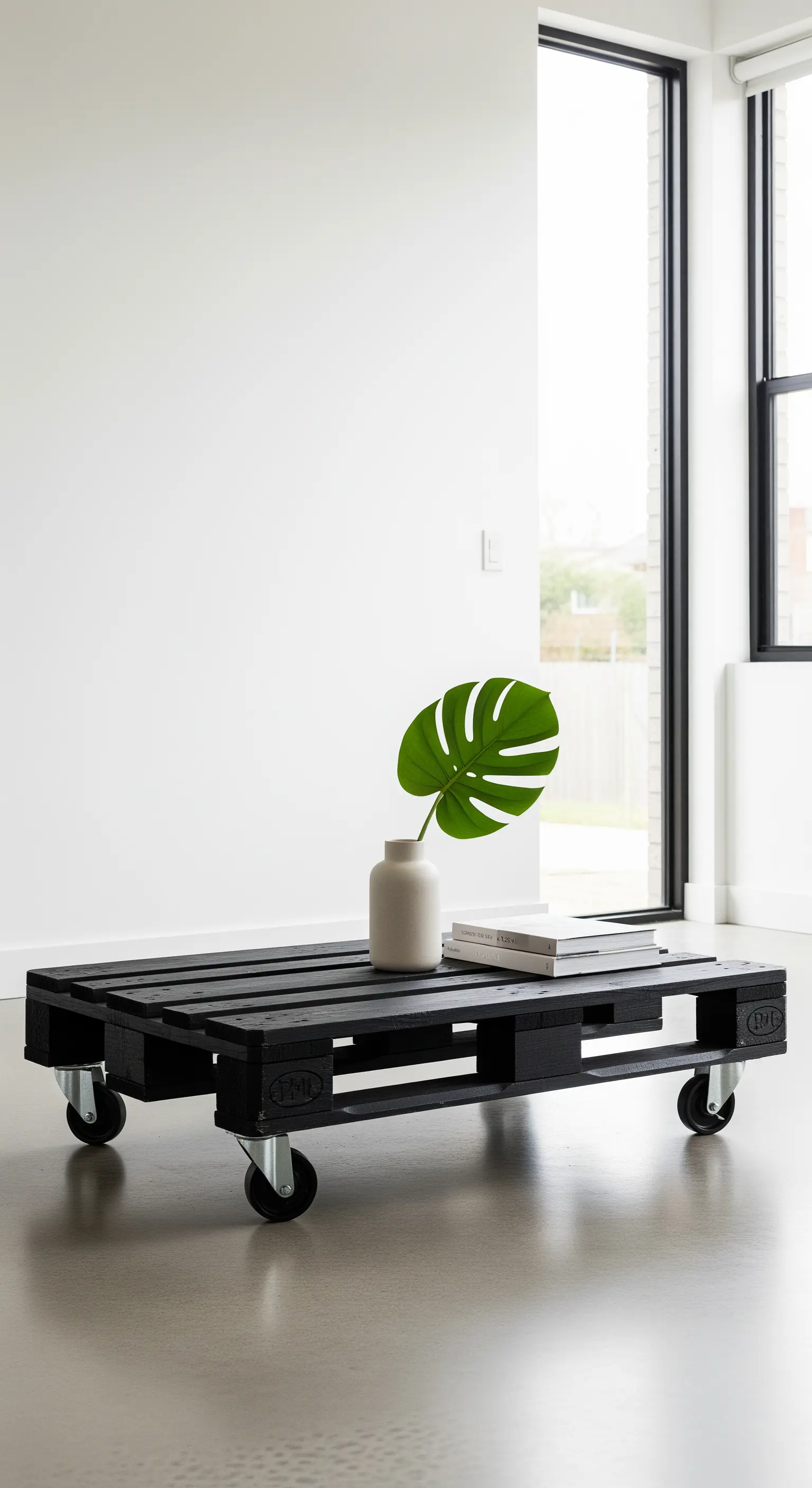 Tavolino basso in pallet nero verniciato, montato su quattro ruote industriali.