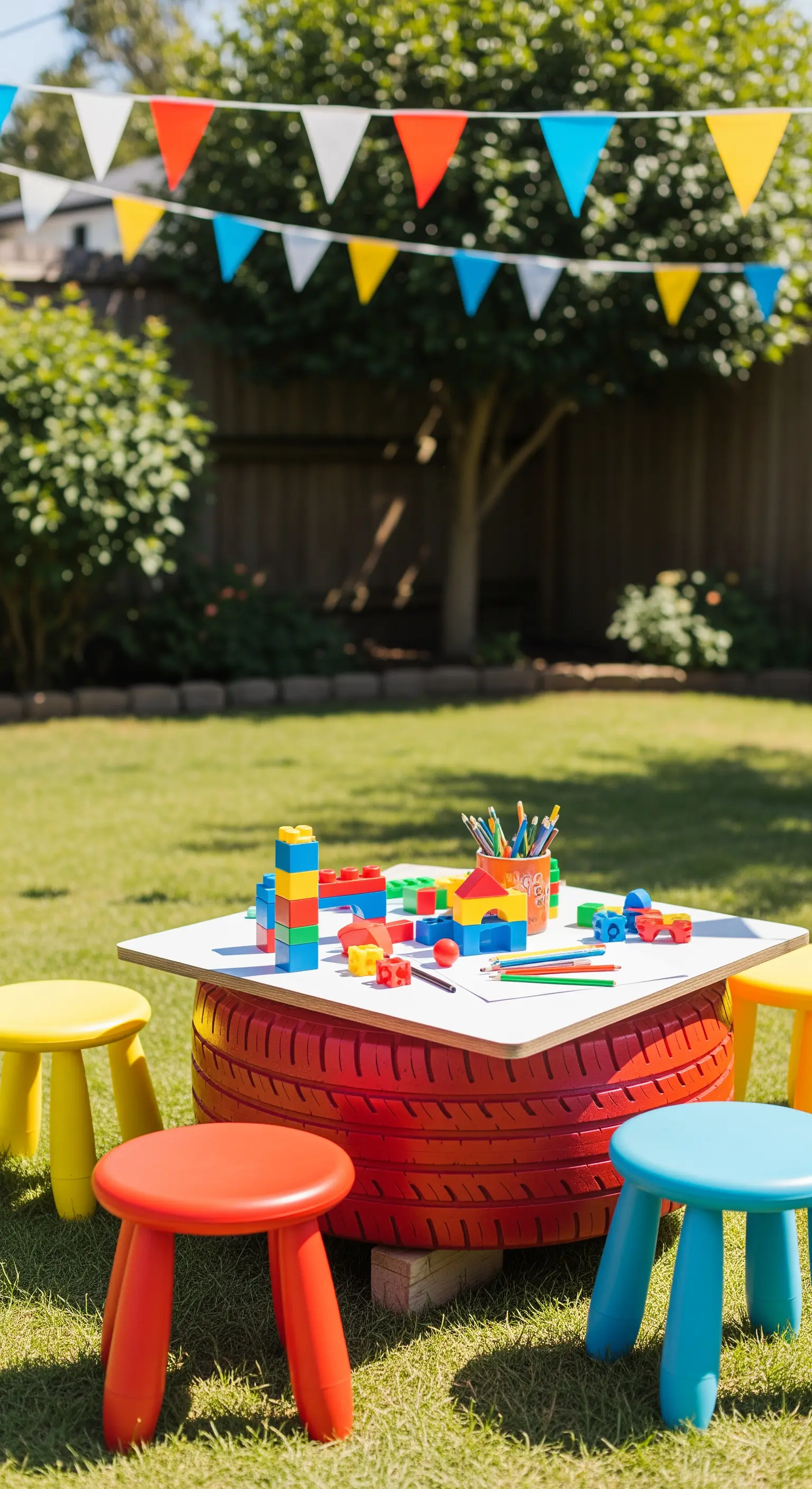 Tavolino rosso per bambini realizzato con un pneumatico e circondato da piccoli sgabelli colorati.