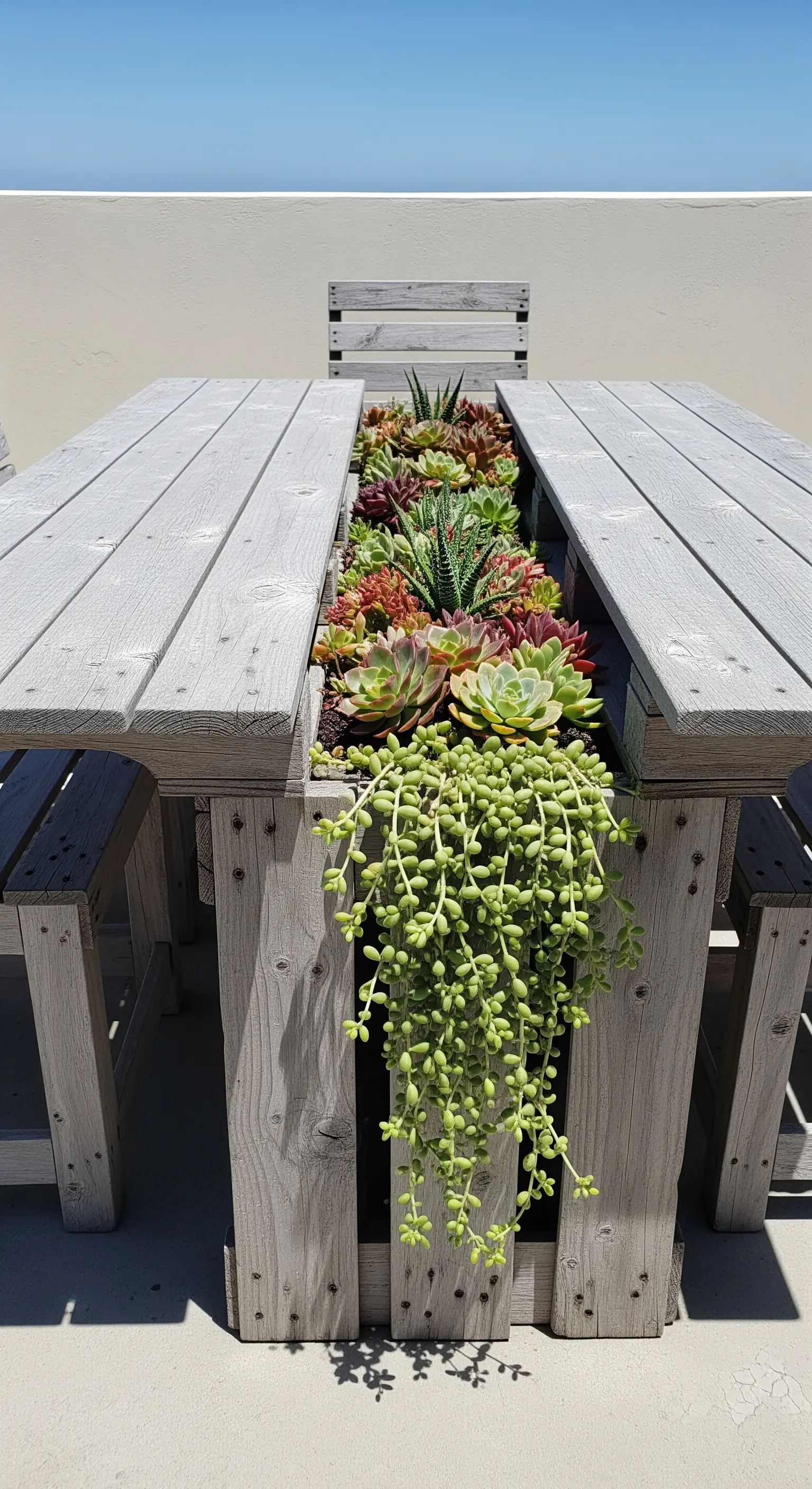 Tavolo da picnic in legno grigio con una fioriera centrale piena di piante grasse.