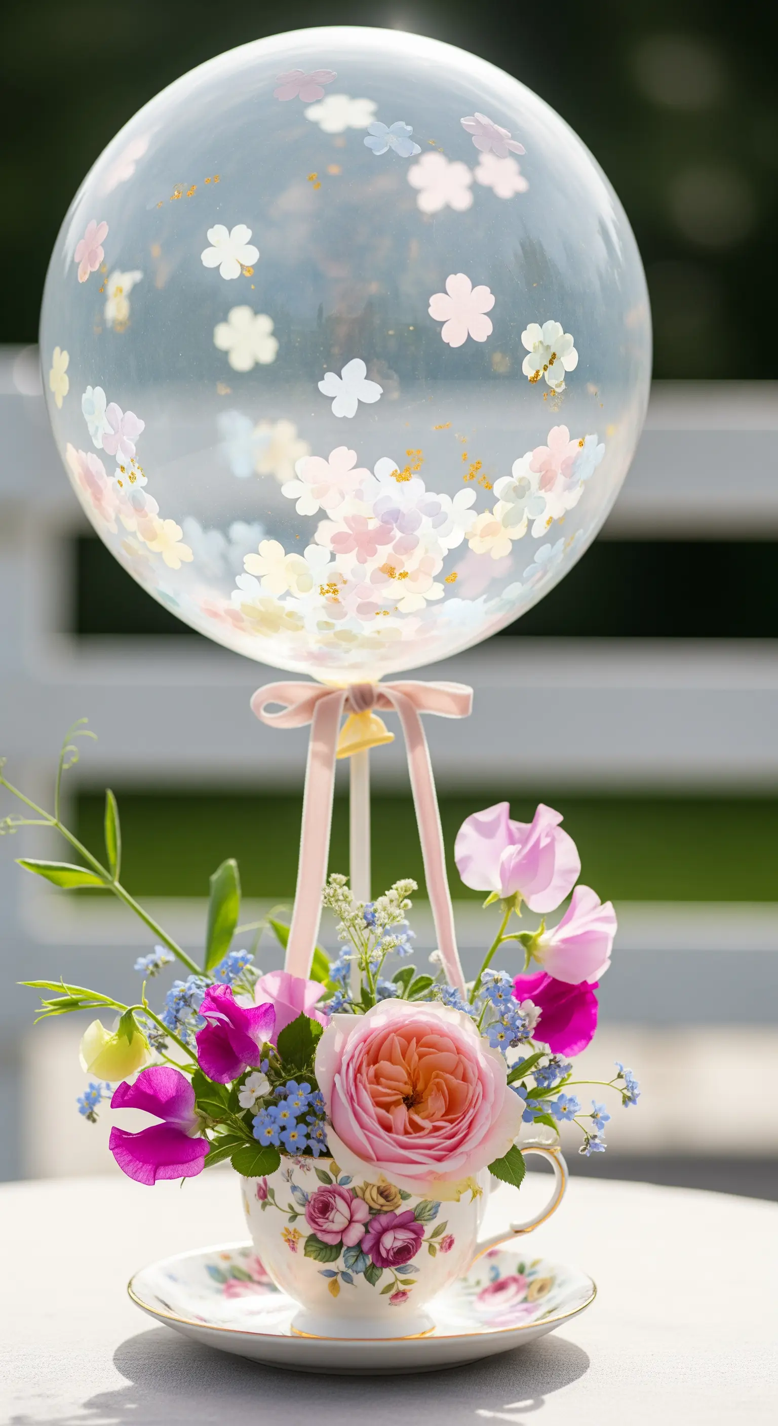 Centrotavola con fiori in una tazza da tè vintage e palloncino con coriandoli a forma di fiore.