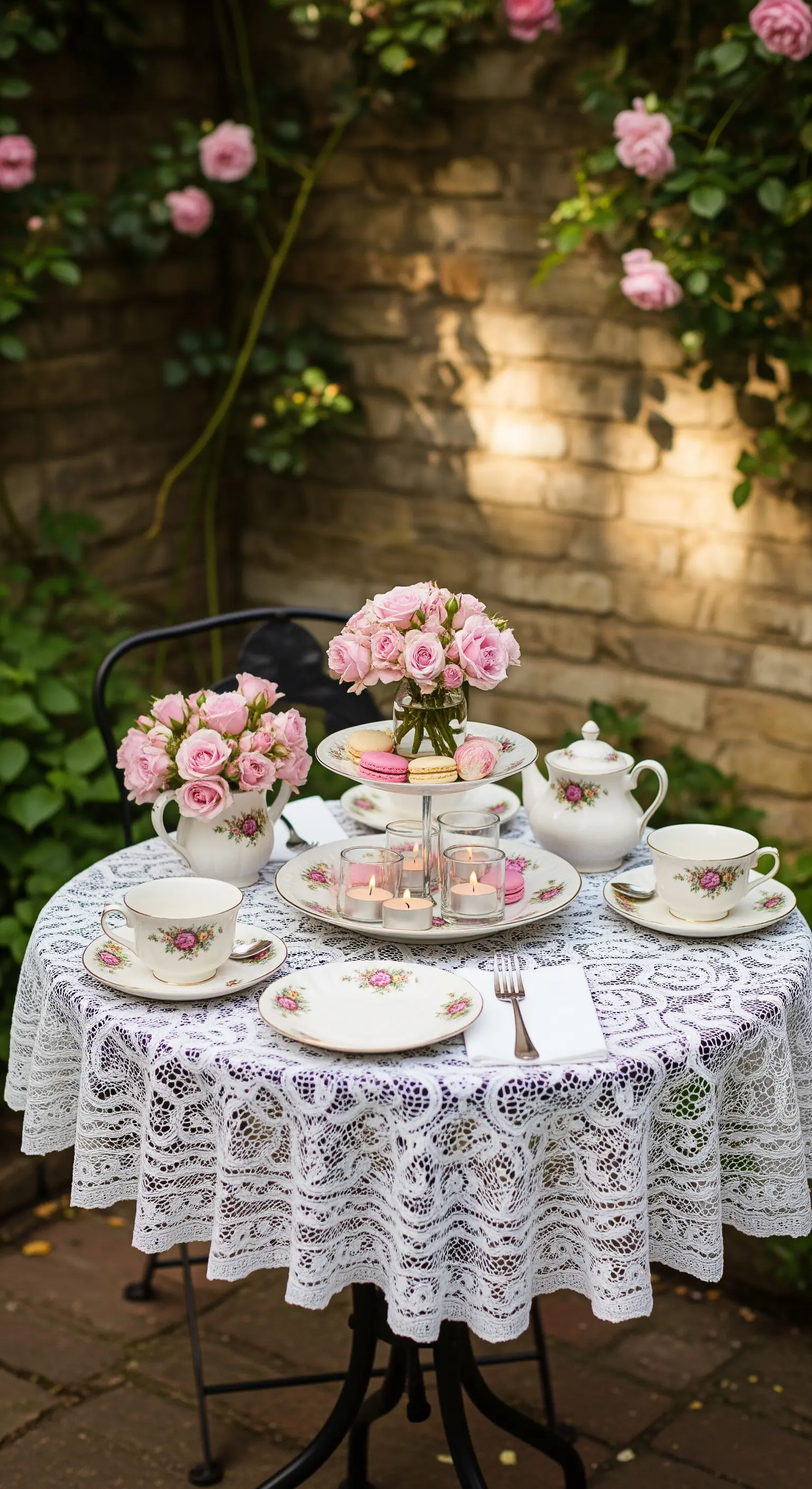 Tavola da tè in giardino con tovaglia in pizzo, servizio in porcellana e piccole rose.