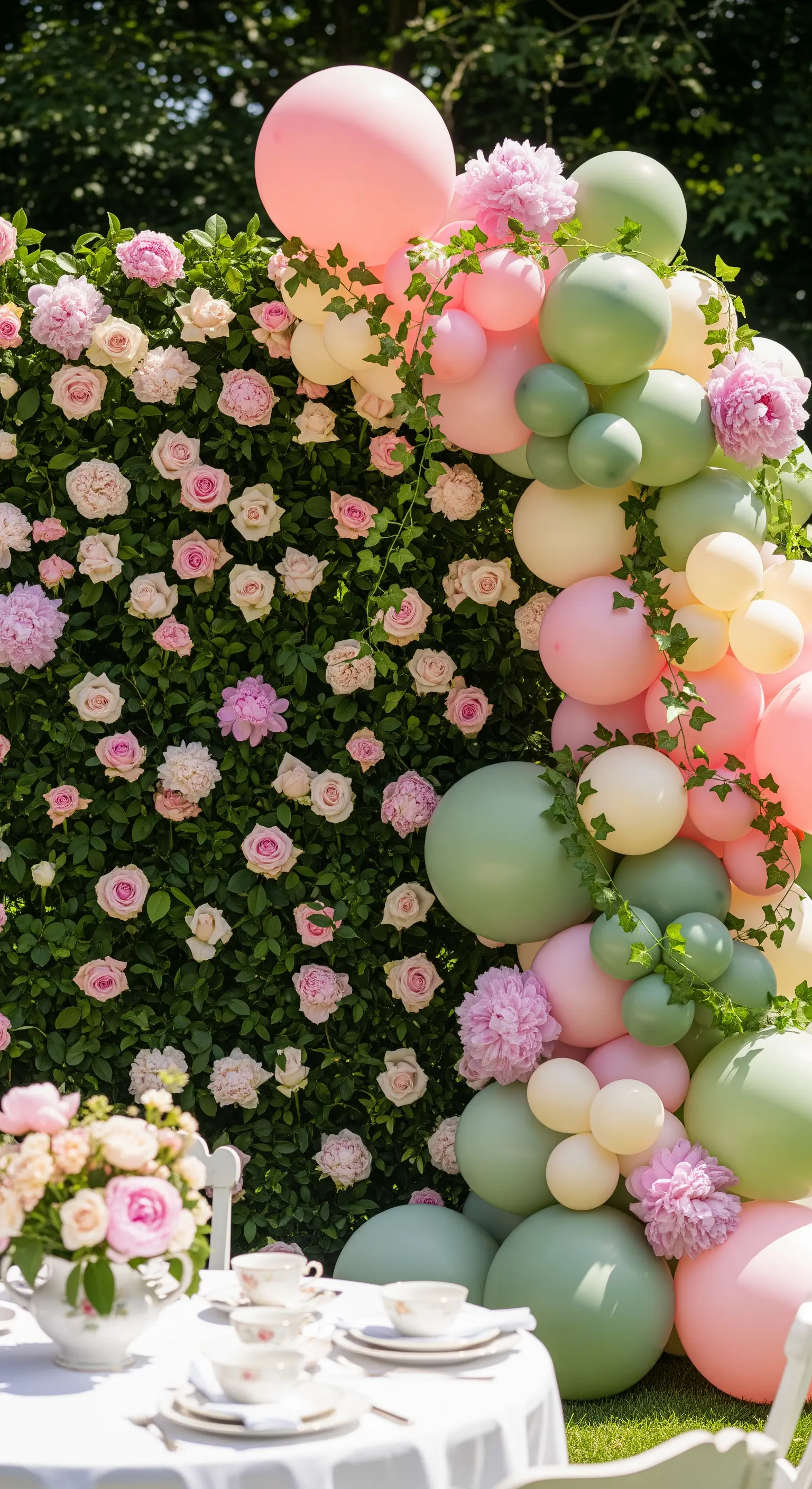 Festa in giardino con arco di palloncini pastello integrato in una parete di rose.