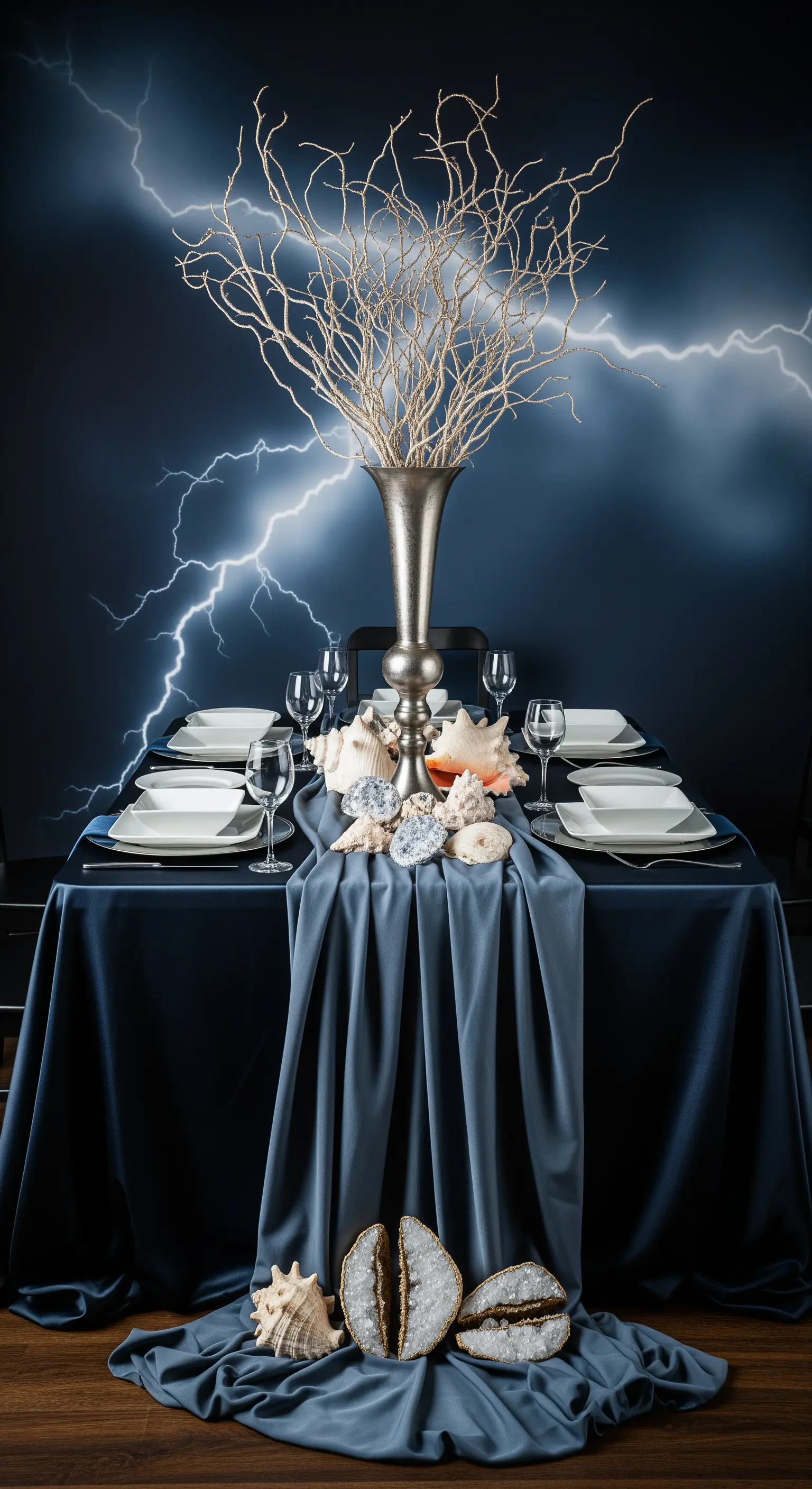 Tavola drammatica con tovaglia grigio-blu, vaso argentato e sfondo di un cielo tempestoso.