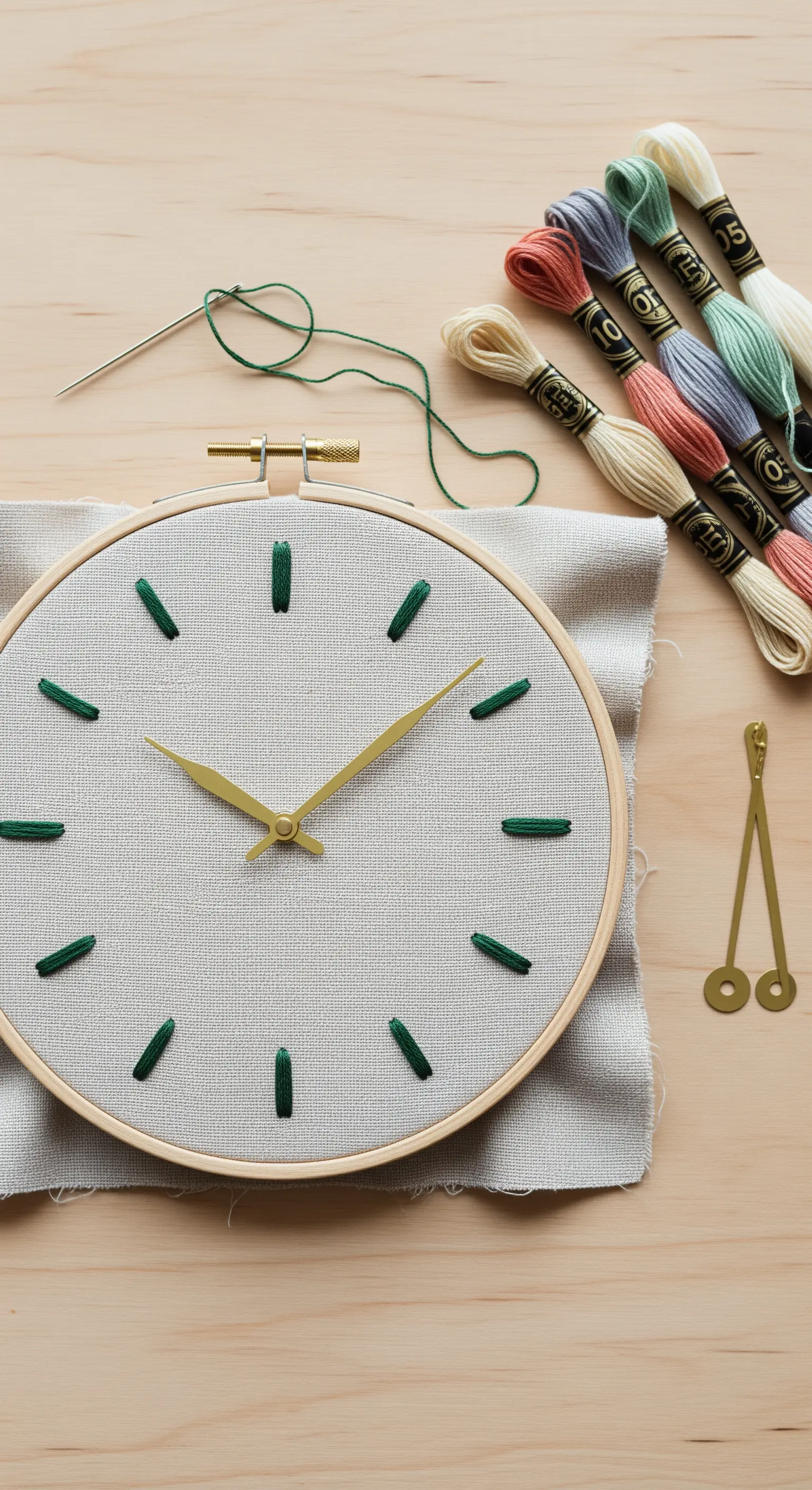 Orologio fai-da-te realizzato con un telaio da ricamo e indici delle ore cuciti in verde.