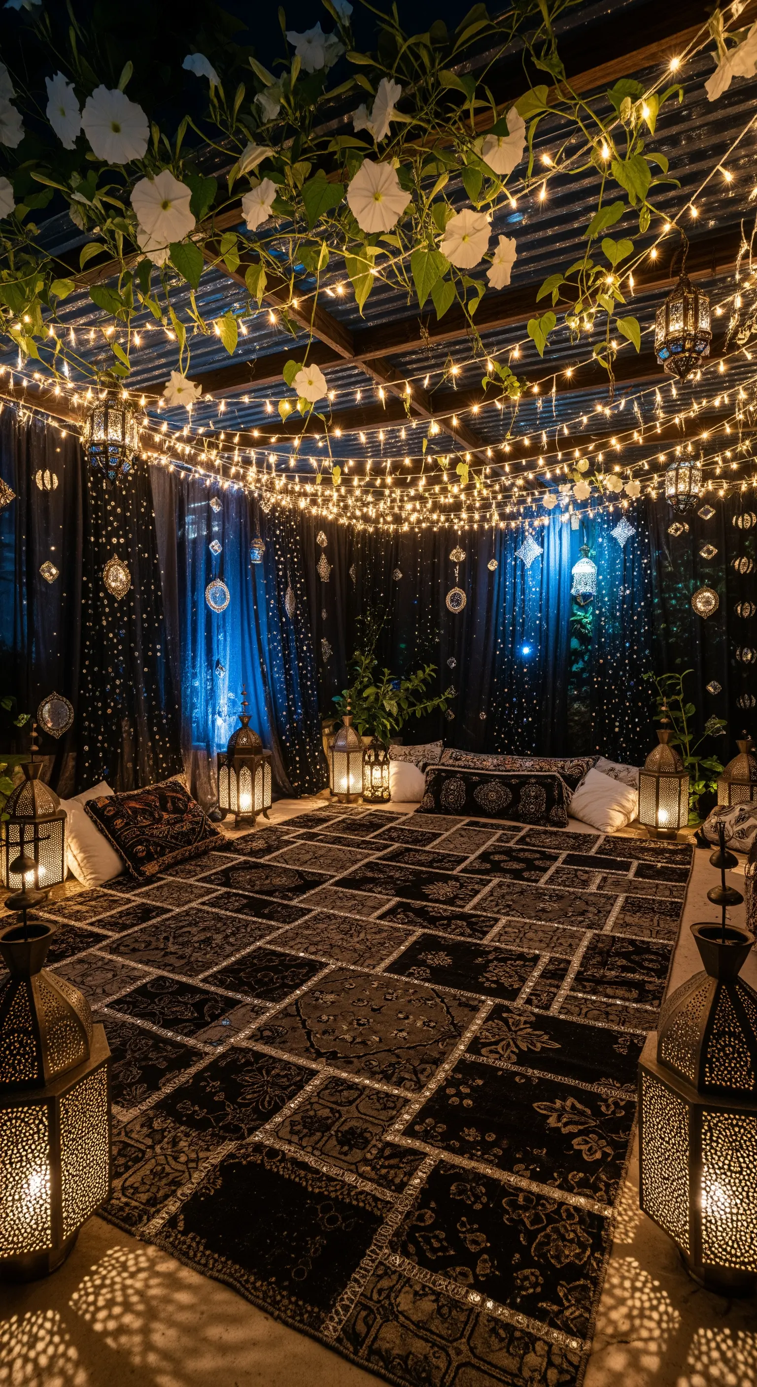 Spazio esterno trasformato in una tenda scura illuminata da centinaia di lucine calde e lanterne.