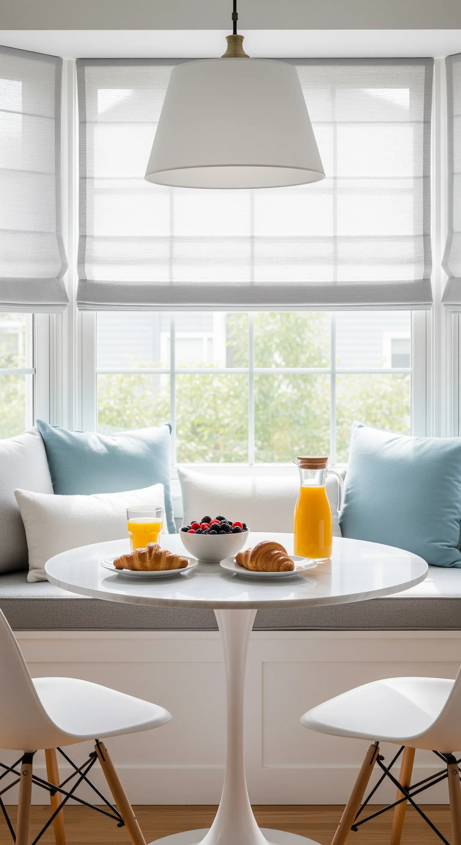 Angolo colazione con panca, tavolo rotondo e tende a pacchetto grigio chiaro.