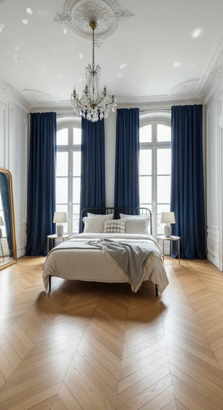 Lunghe tende in velluto blu notte incorniciano alte finestre in una camera da letto classica.