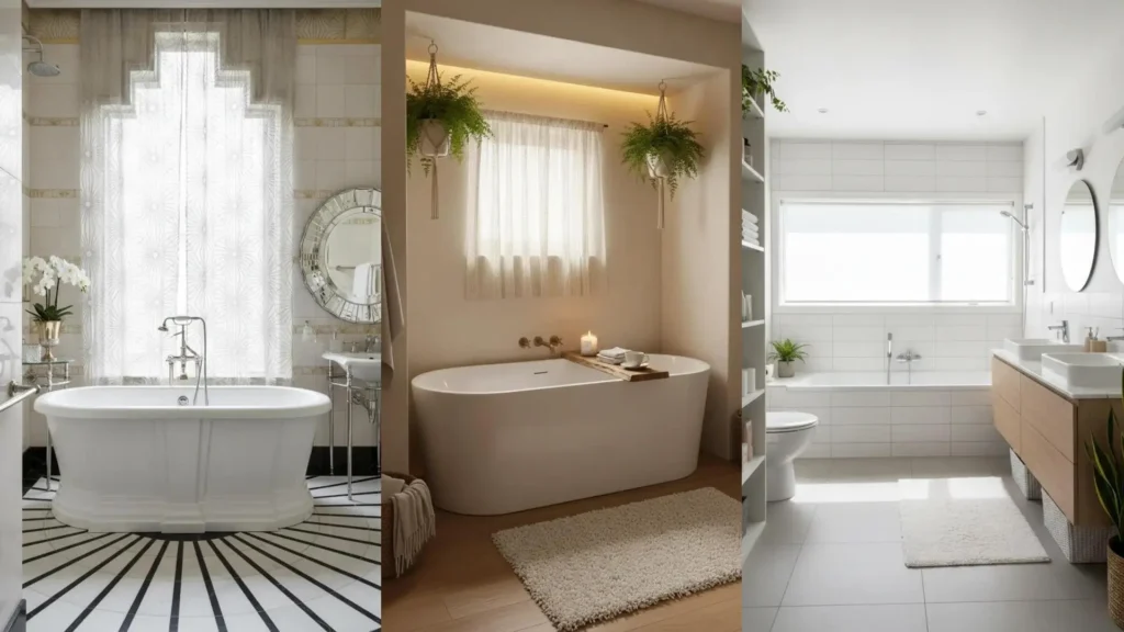 Tre bagni moderni con vasche bianche, ampie finestre con tende leggere e abbondante luce naturale.