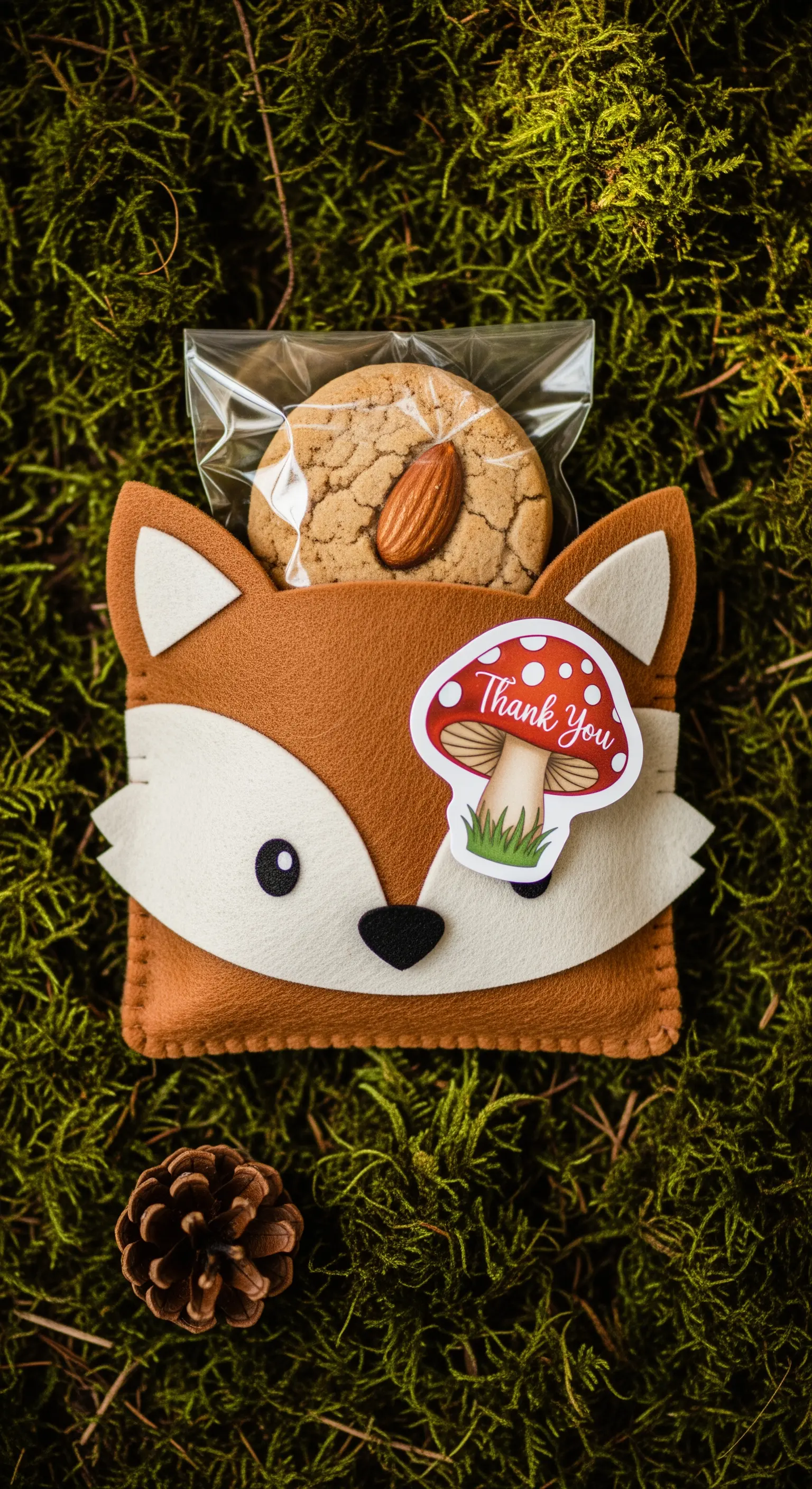 Sacchetto in feltro a forma di volpe che contiene un biscotto alle mandorle.