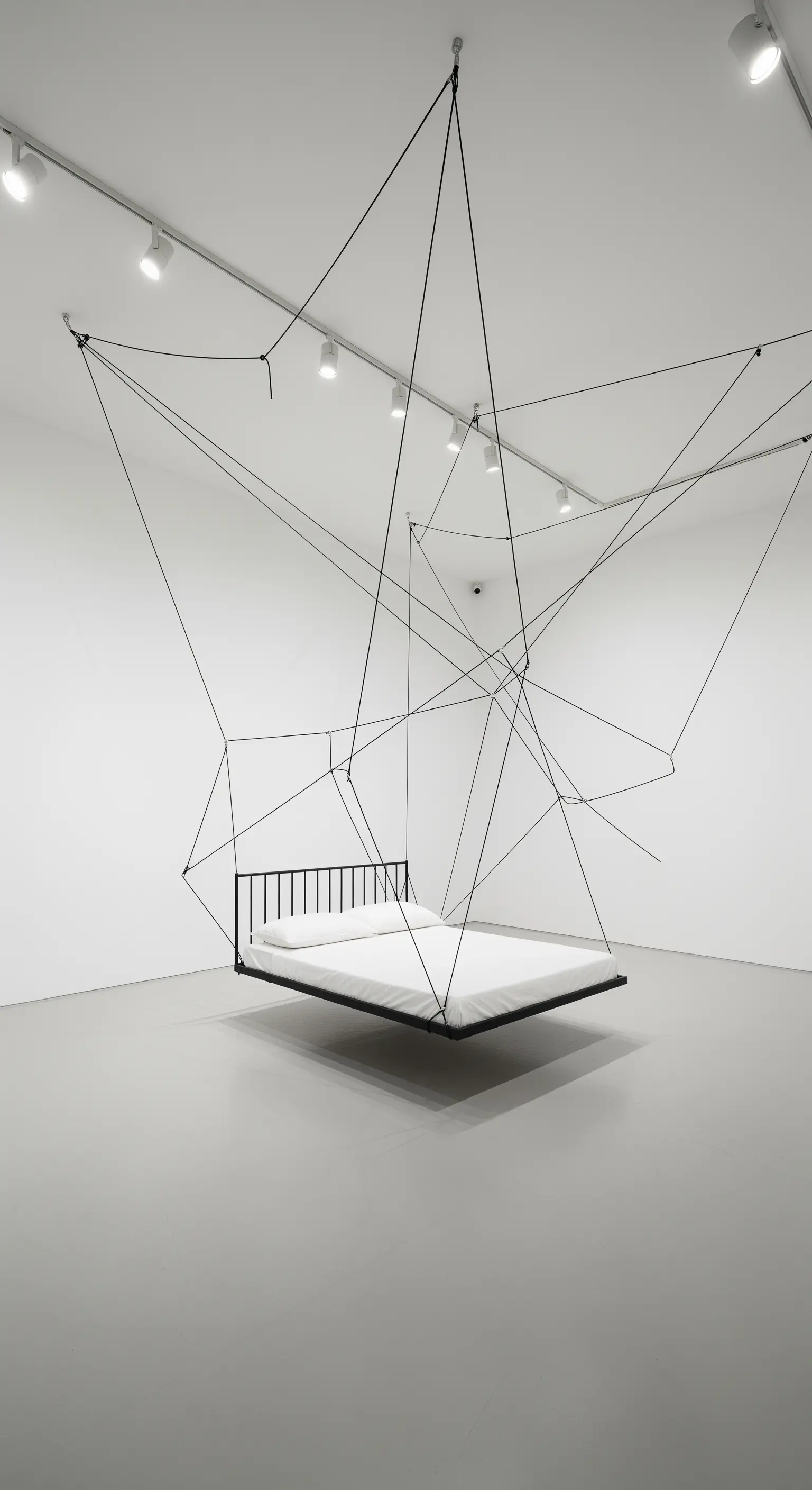 Letto con telaio nero sospeso da una complessa rete di cavi neri tesi in una galleria.