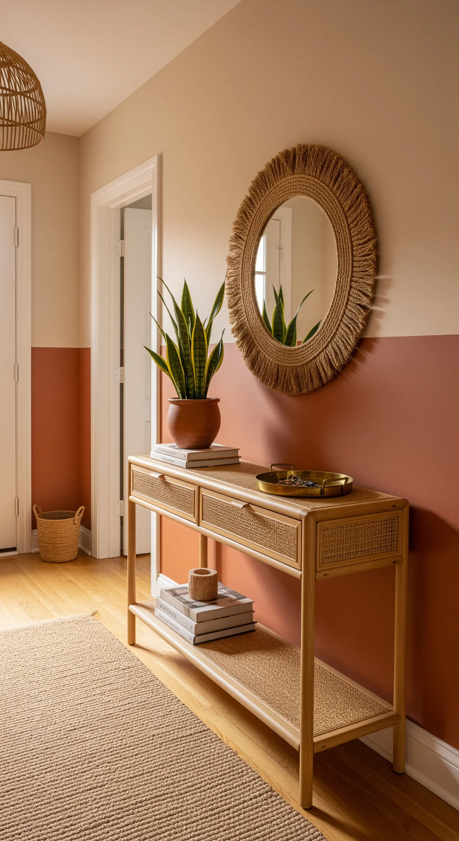 Parete bicolore terracotta e beige con consolle e specchio in rattan, stile boho-chic.