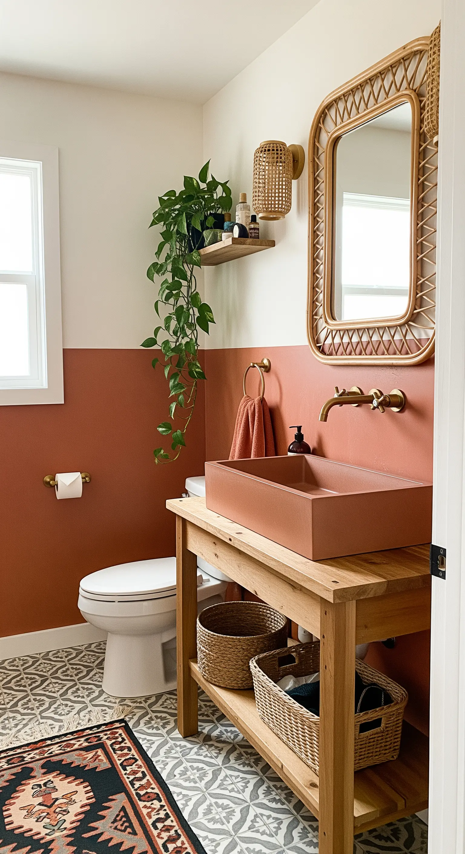 Bagno boho con parete color terracotta, lavabo su consolle in legno e specchio in rattan.