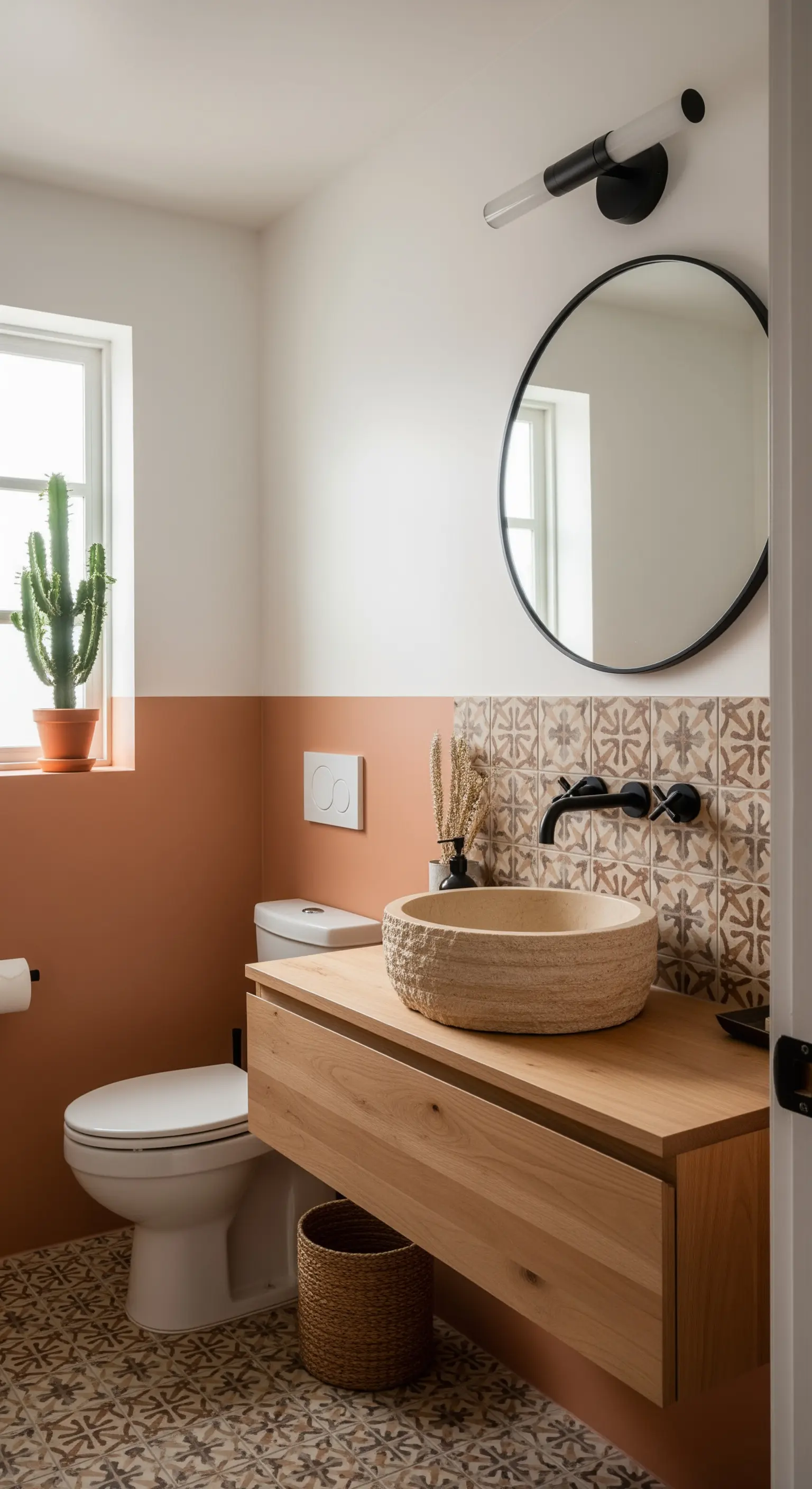 Bagno minimalista con parete terracotta, mobile in legno chiaro e lavabo in pietra.