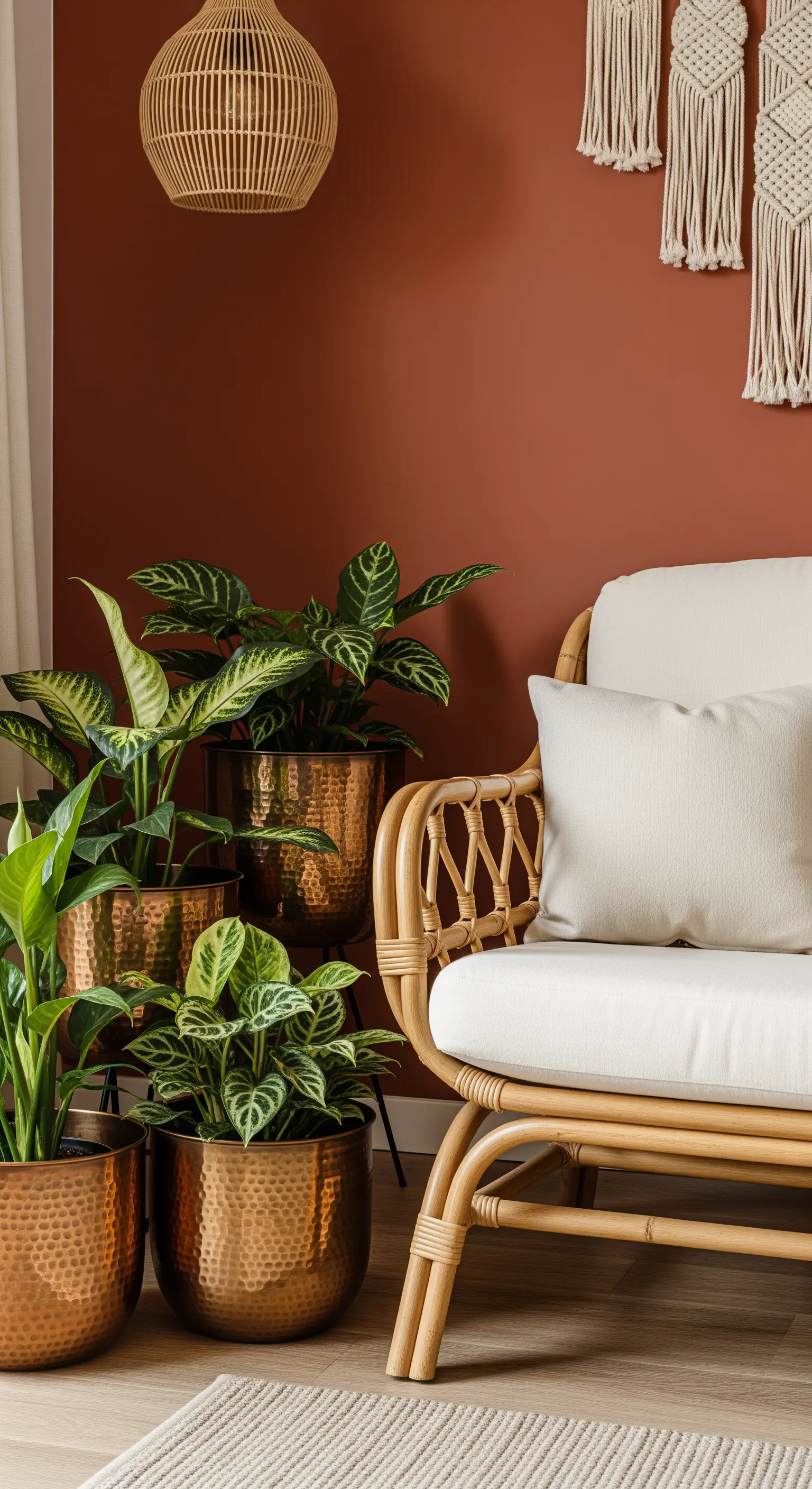 Poltrona in rattan con cuscini bianchi e vasi in rame martellato su parete terracotta.
