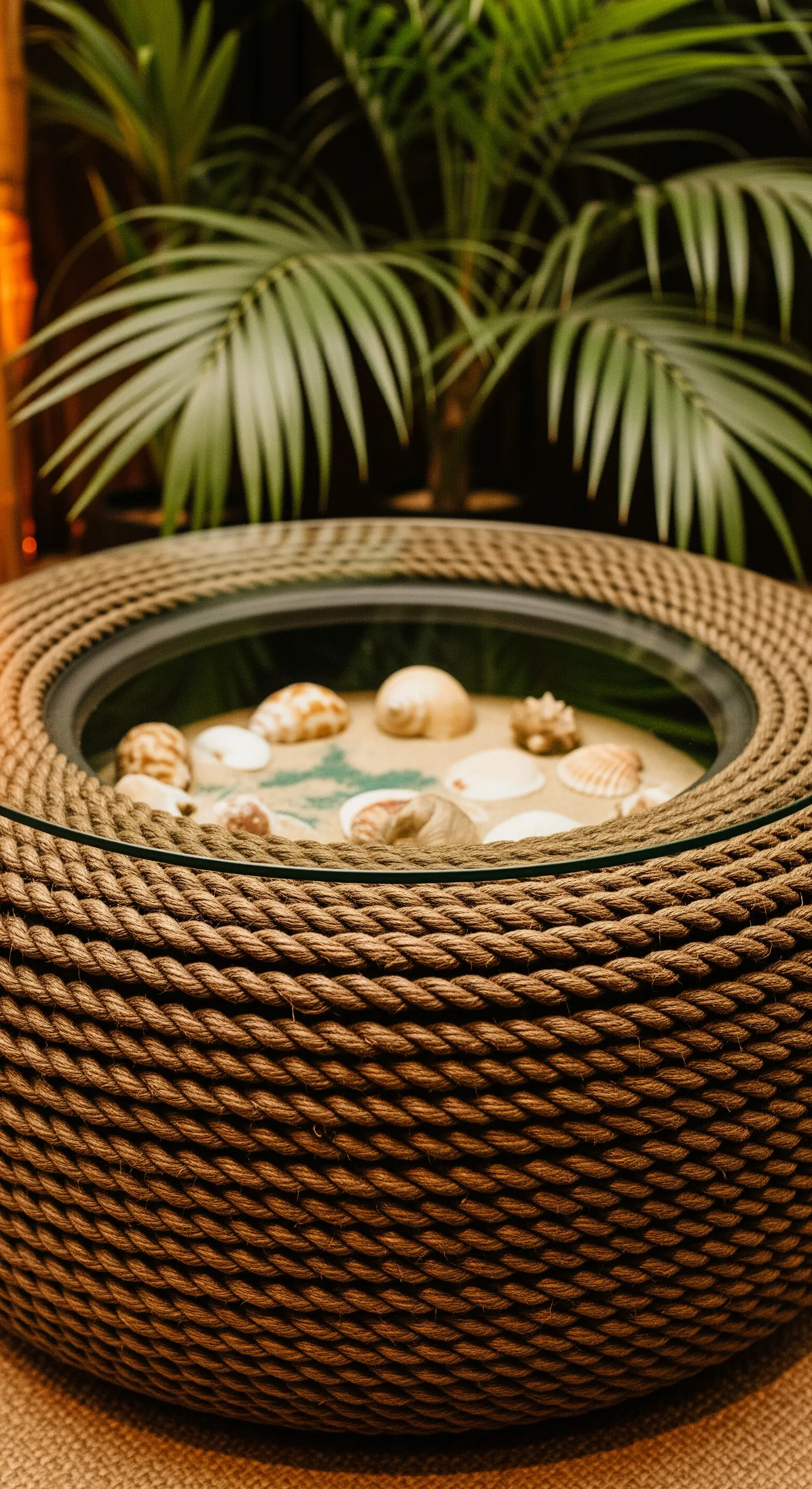 Tavolino rivestito in corda con un terrario interno contenente sabbia e conchiglie, coperto da vetro.