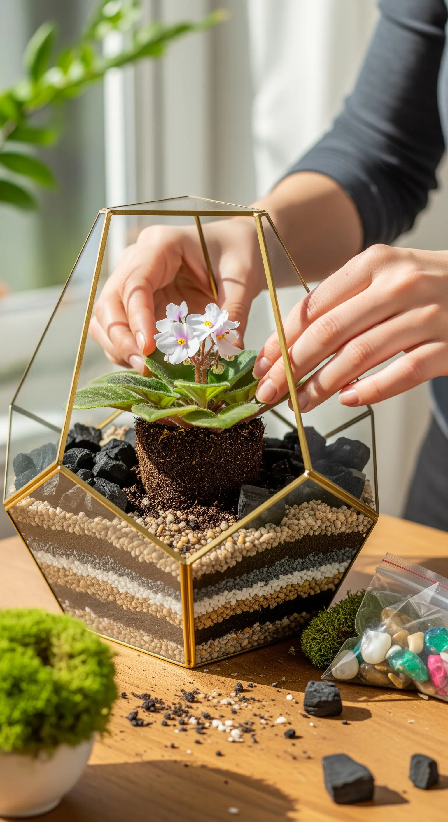 Mani che sistemano una piantina in un terrario geometrico in vetro con bordi dorati.