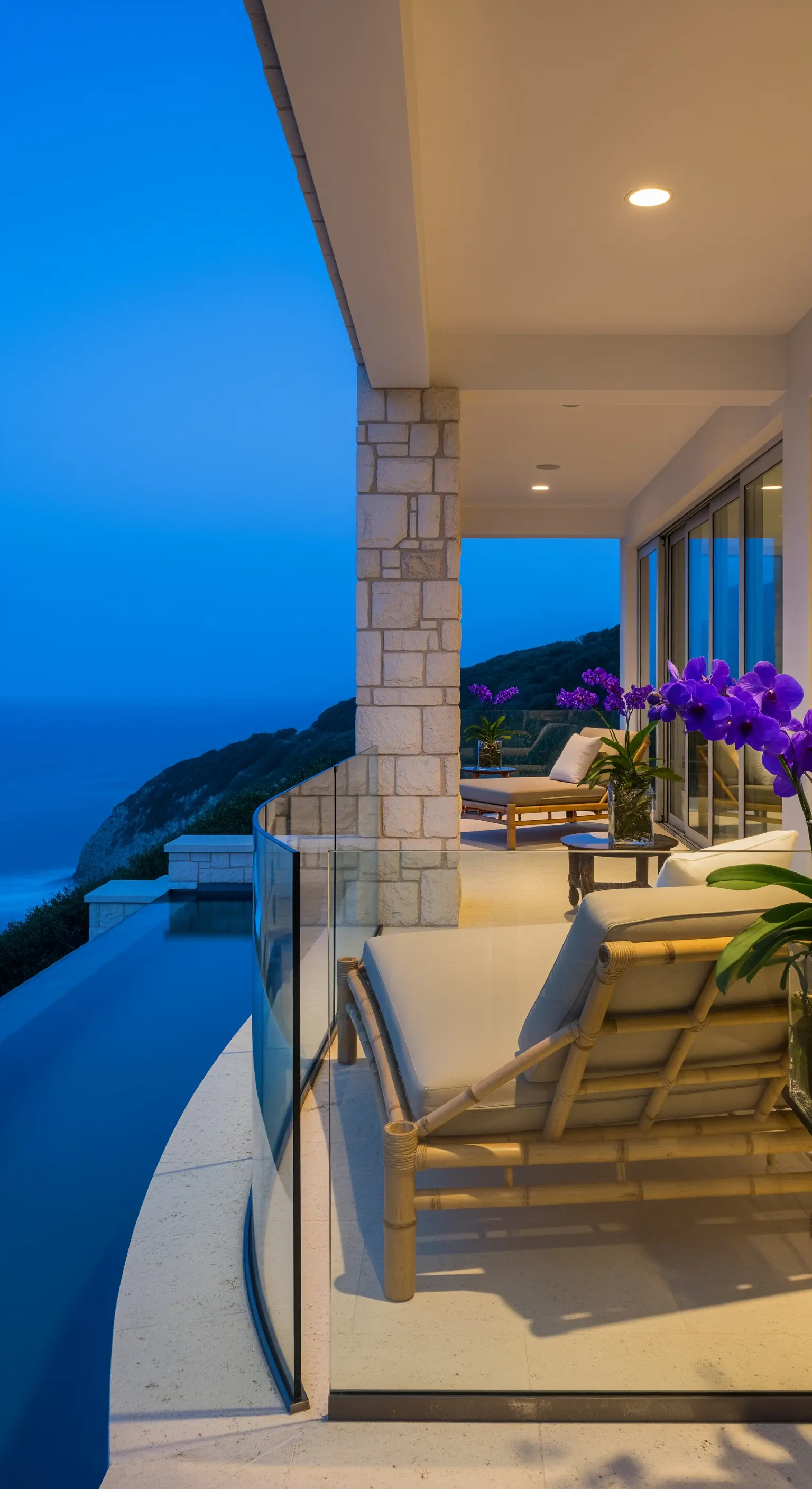 Terrazza moderna con piscina, lettini in bambù e parapetto in vetro affacciato sul mare.