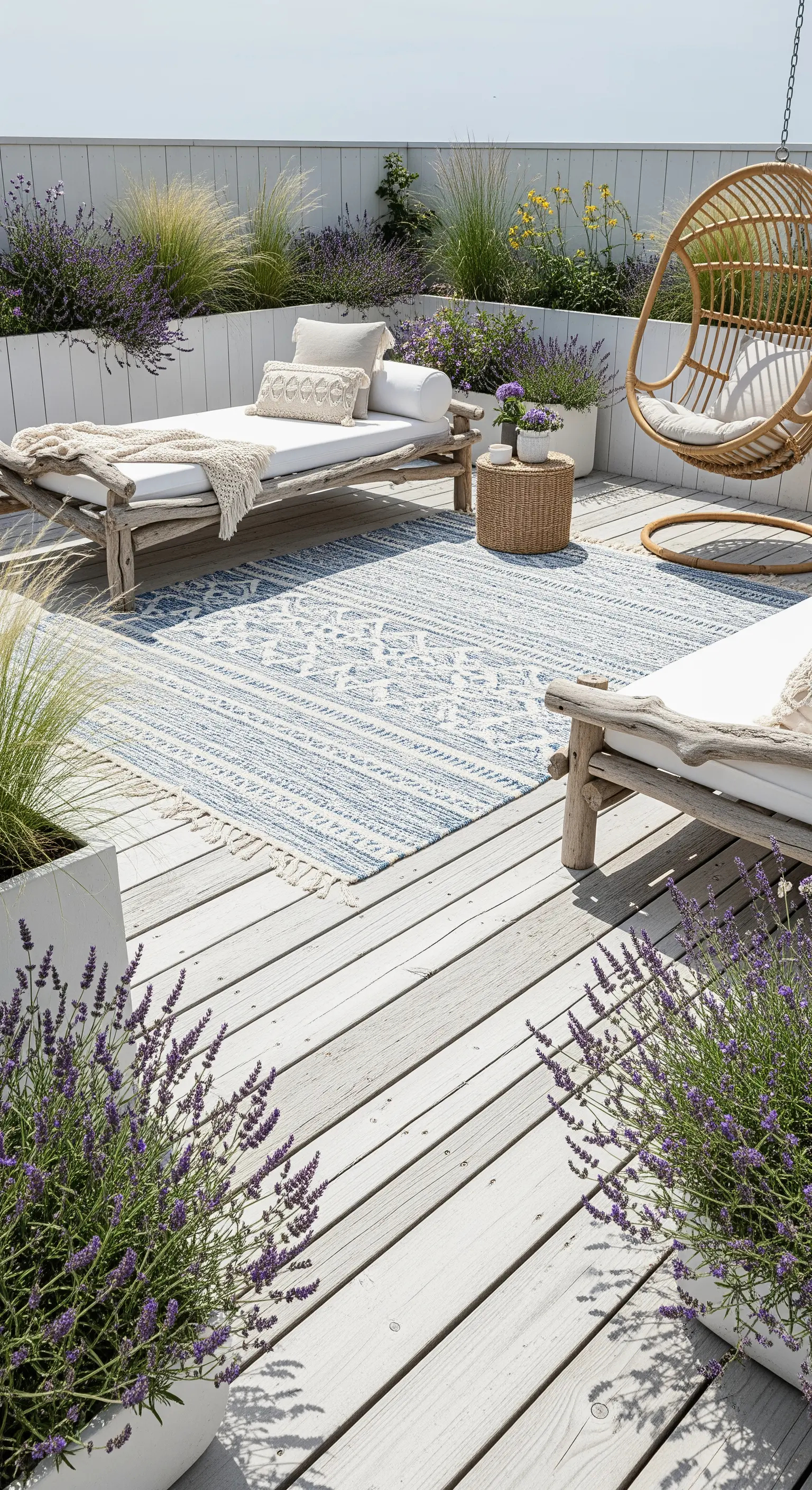 Terrazza in legno sbiancato con lettini, sedia sospesa in rattan e tappeto blu e bianco.