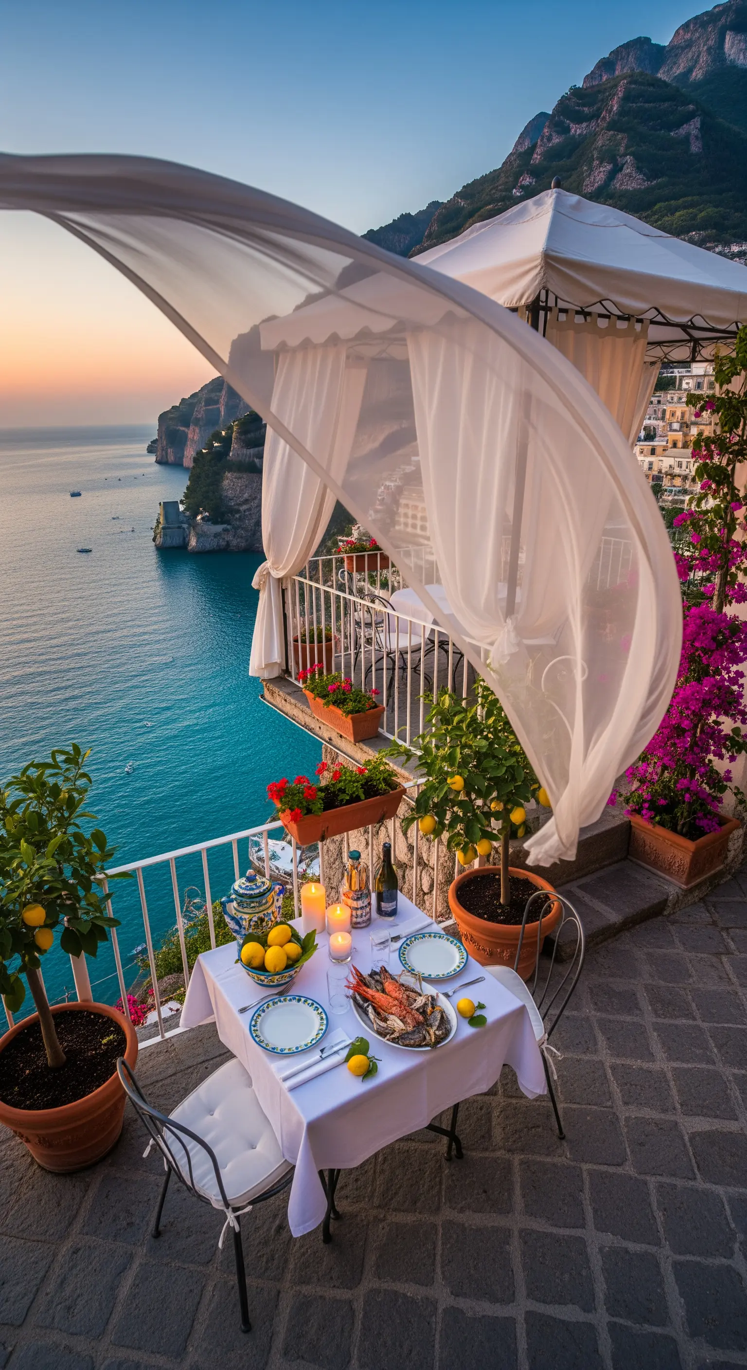Tavolo da pranzo su una terrazza a picco sul mare, con gazebo e tende bianche mosse dal vento.