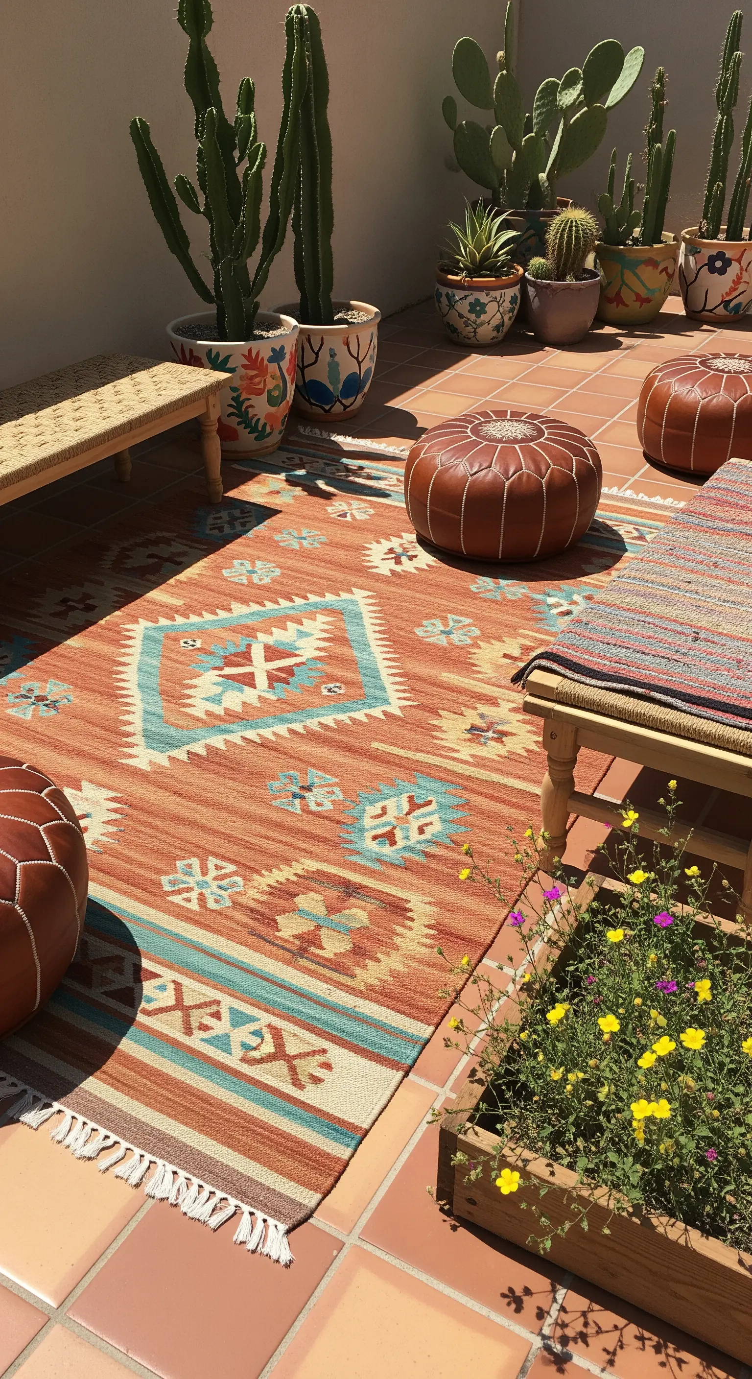 Patio in cotto con tappeto kilim, pouf in cuoio marocchino, panche e vasi con cactus.