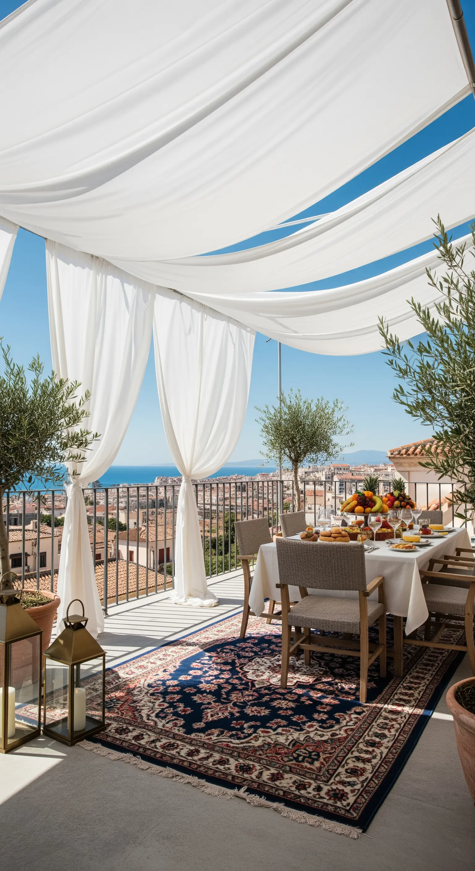 Grande terrazza con vista, tavolo da pranzo su un tappeto persiano blu e copertura con teli bianchi.