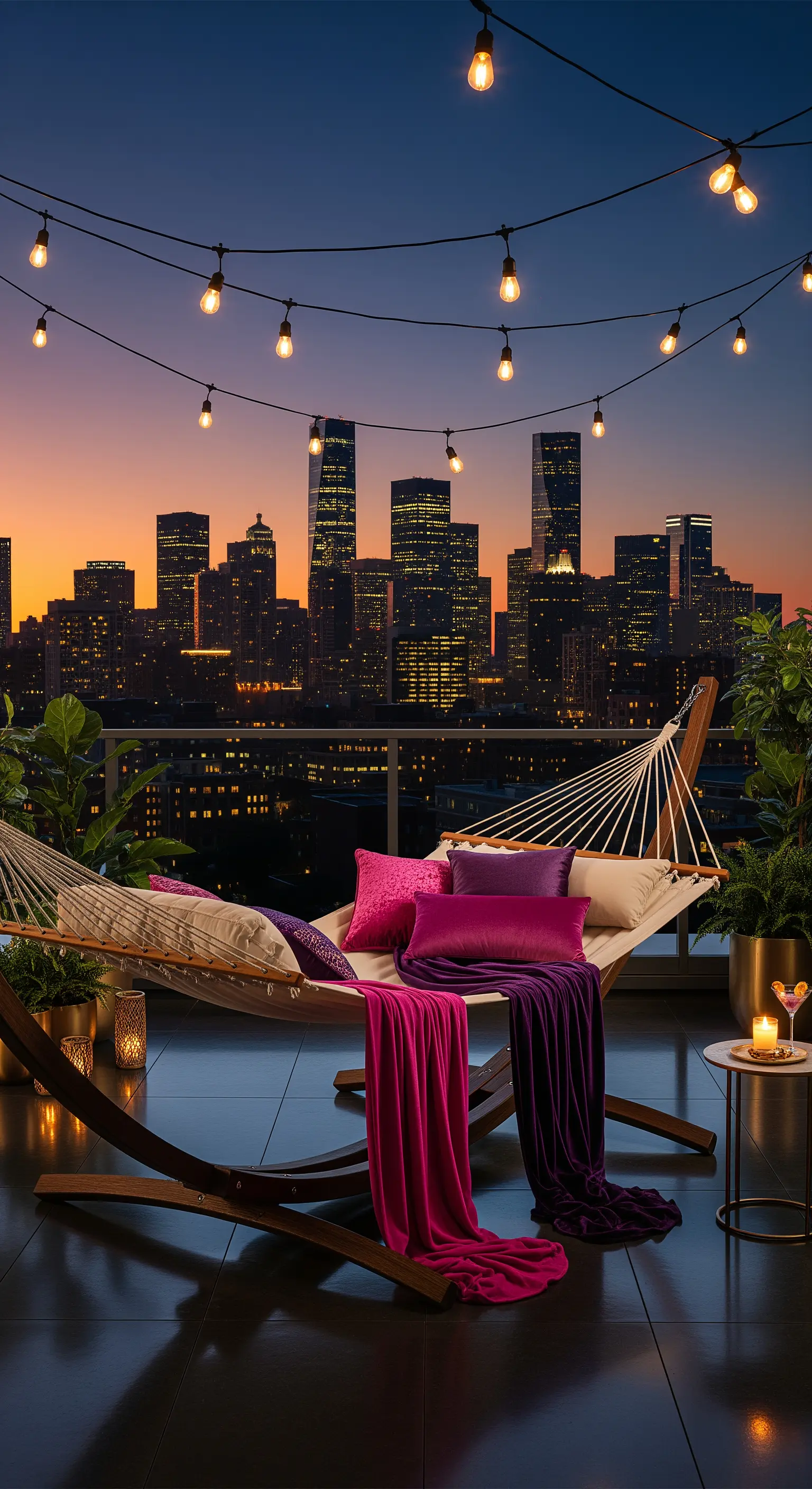 Amaca su una terrazza con vista sullo skyline, illuminata da luci a stringa.